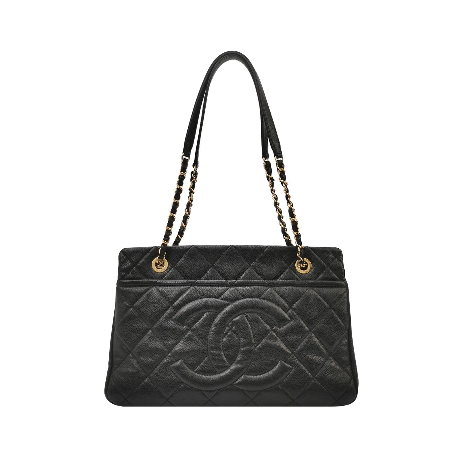 Chanel PST Petite Shopping Caviar CC Logo Black Gold Small Leather Tote Bag