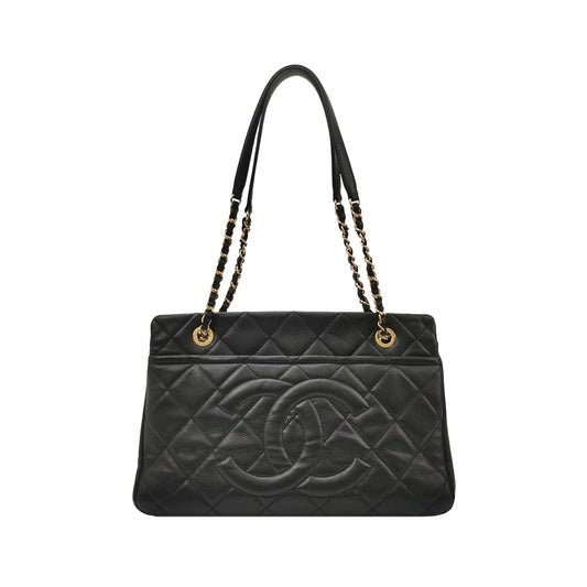 Chanel PST Petite Shopping Caviar CC Logo Black Gold Small Leather Tote Bag