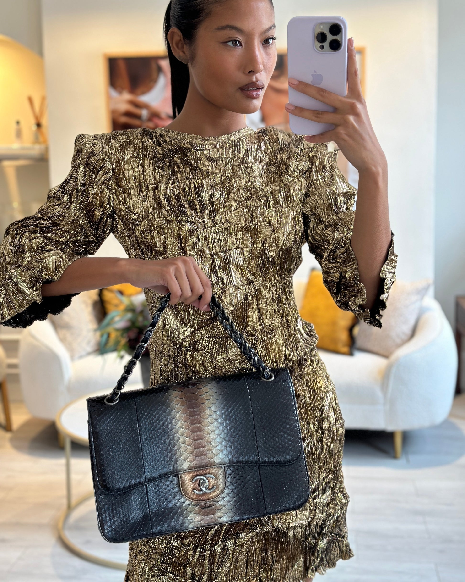 Chanel Black And Brown Python Leather Jumbo Classic Double Flap Bag With Gunmetal Hardware
