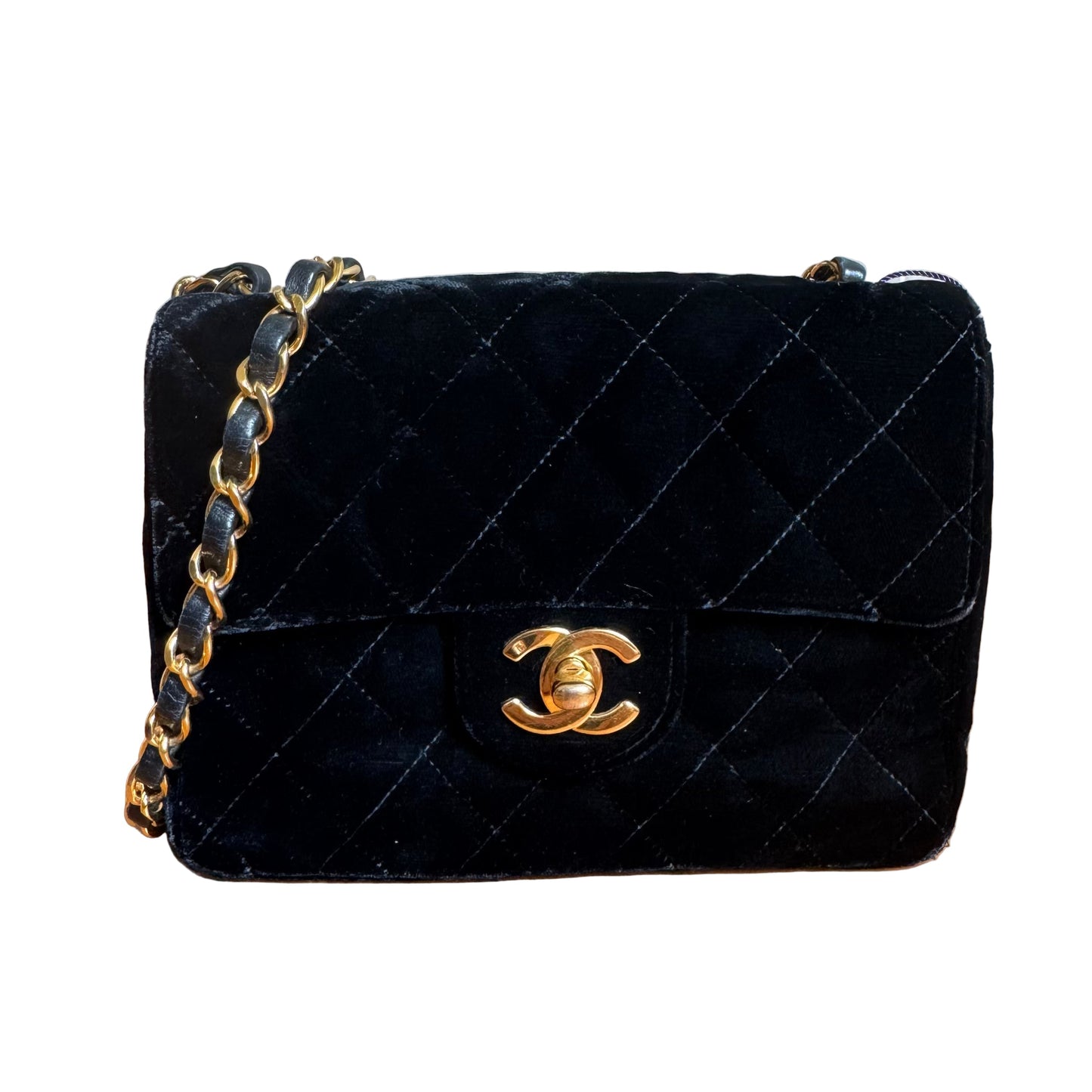Chanel Classic Flap Square Velvet 24k Hardware Black Gold Mini Bag