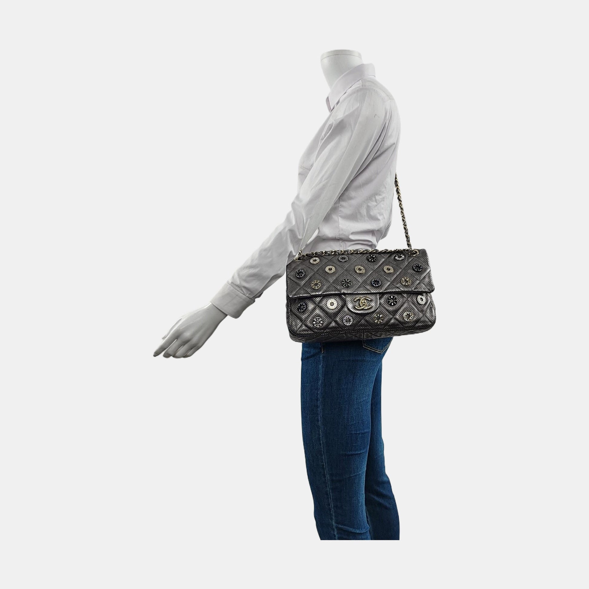 Chanel Paris-Dubai Jumbo Perforated Lambskin Buttons Hardware Gold Grey Leather Handbag