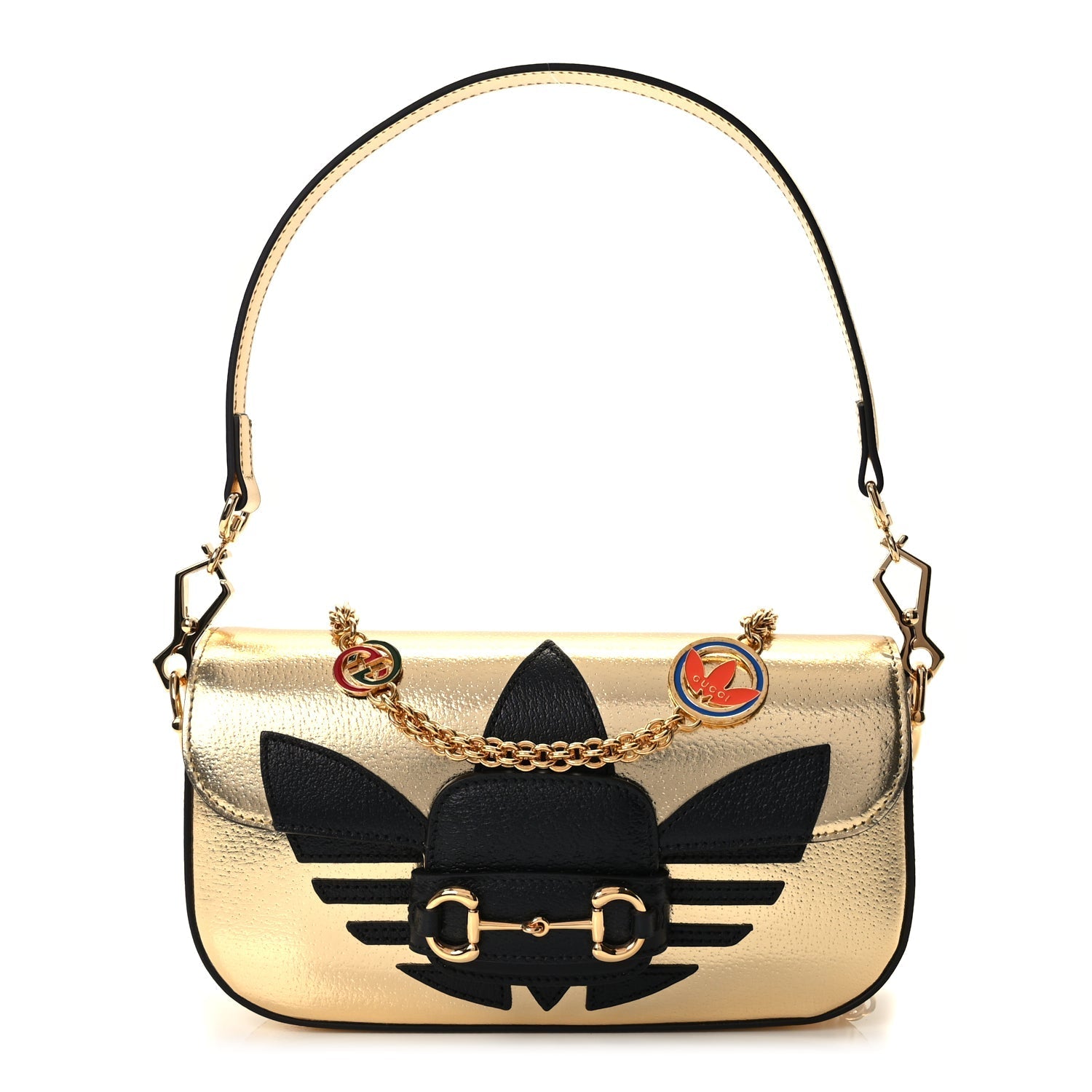 Gucci X ADIDAS Textured Dollar Calfskin Web Trefoil Horsebit 1955 Shoulder Bag King Gold Black