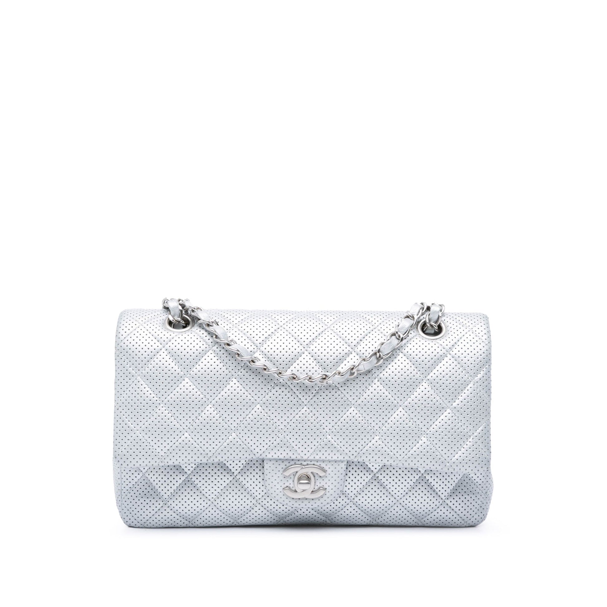 Silver Chanel Medium Classic Perforated Lambskin Double Flap Shoulder Bag
