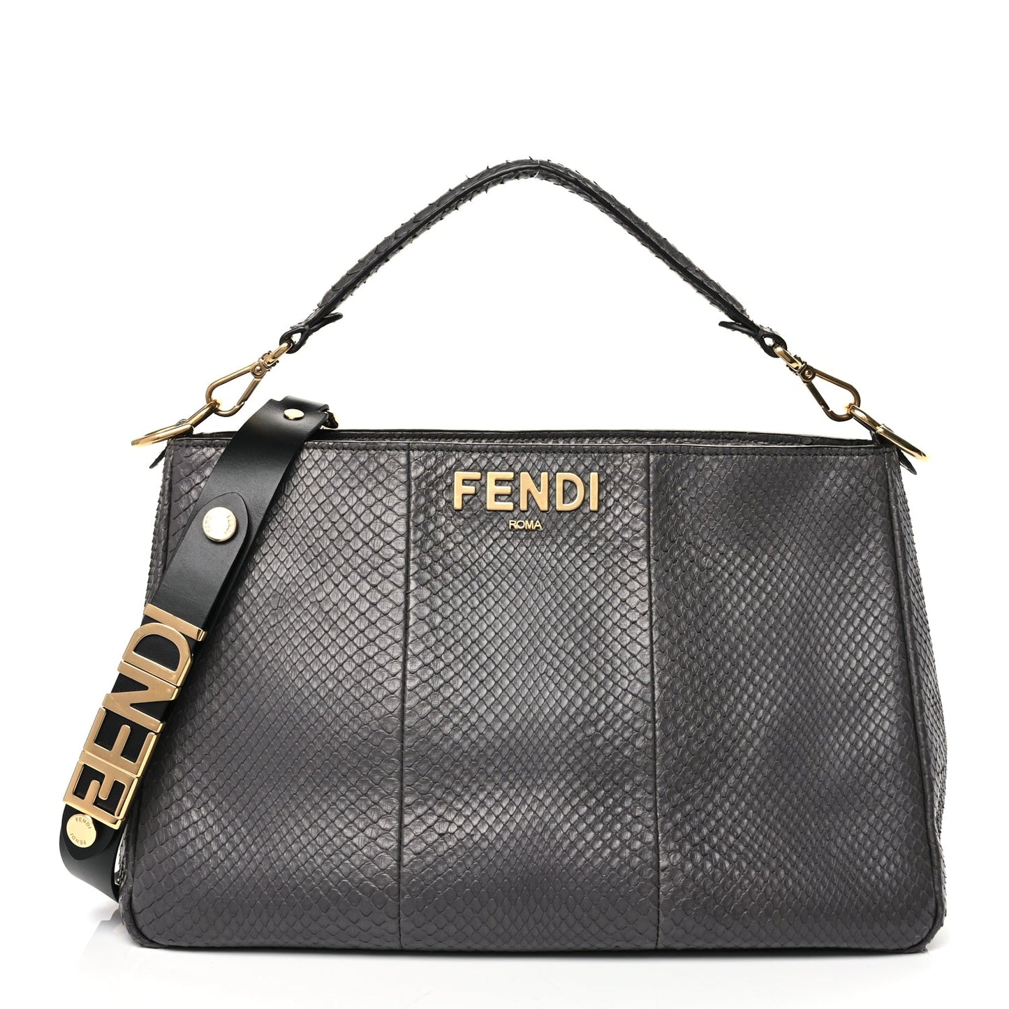 Fendi Handbag Snakeskin O'Lock Zipper Black