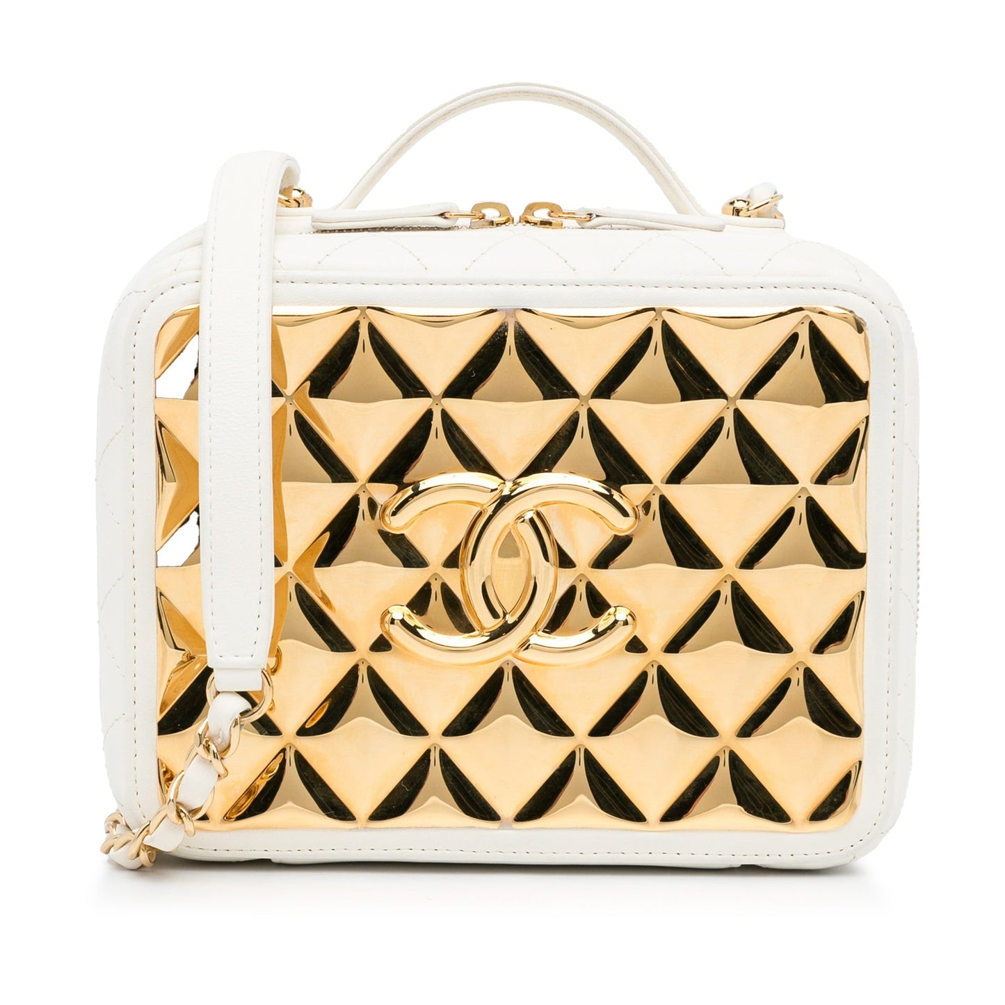 White Chanel Golden Plate Vanity Case Satchel