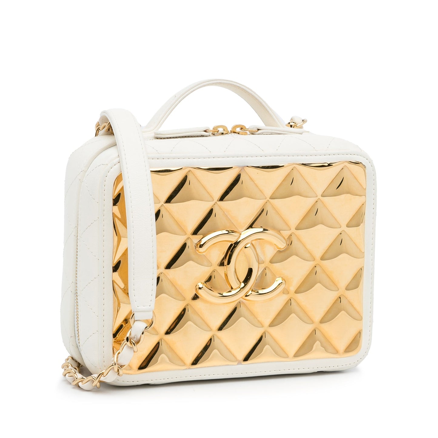 White Chanel Golden Plate Vanity Case Satchel