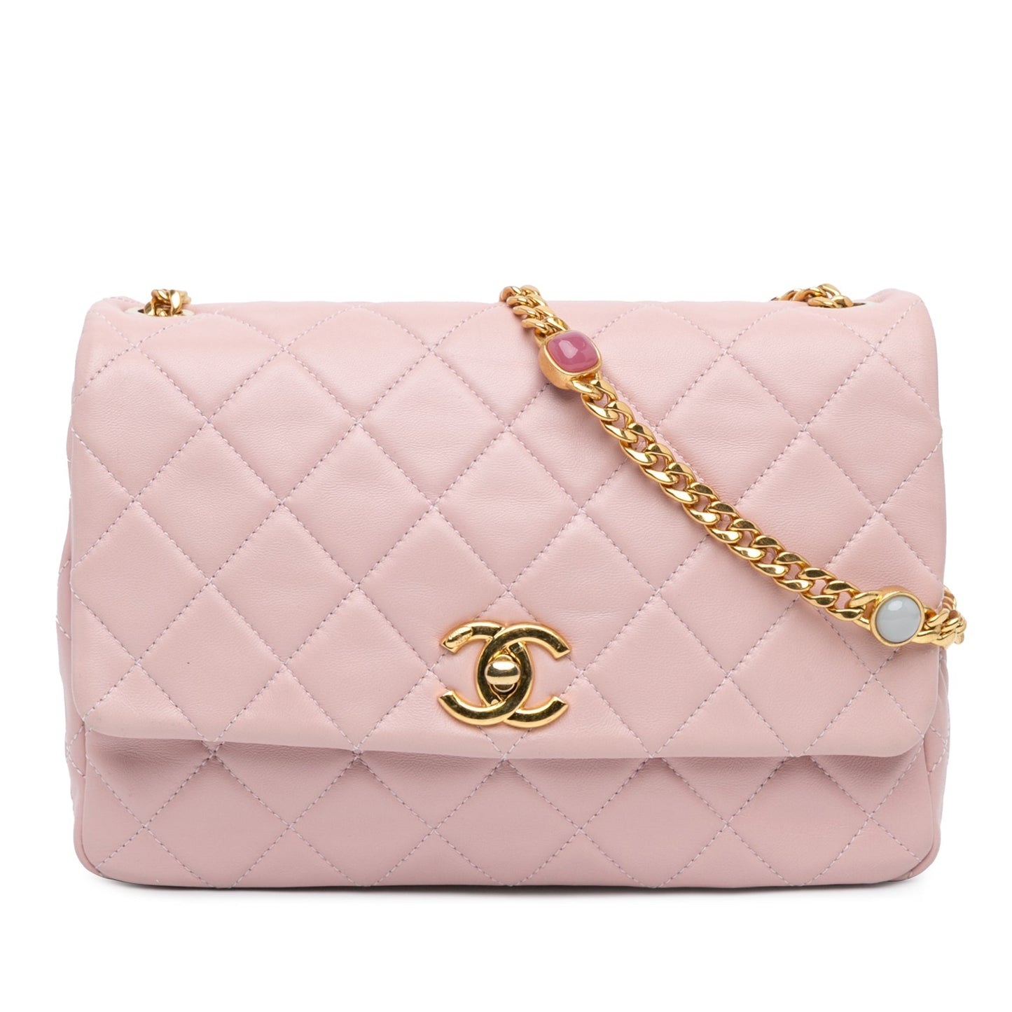 Pink Chanel CC Quilted Lambskin Embellished Chain Flap Crossbody Bag