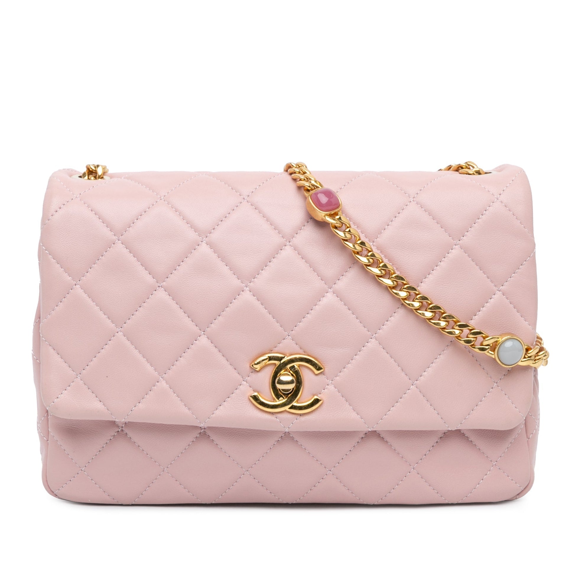 Pink Chanel CC Quilted Lambskin Embellished Chain Flap Crossbody Bag