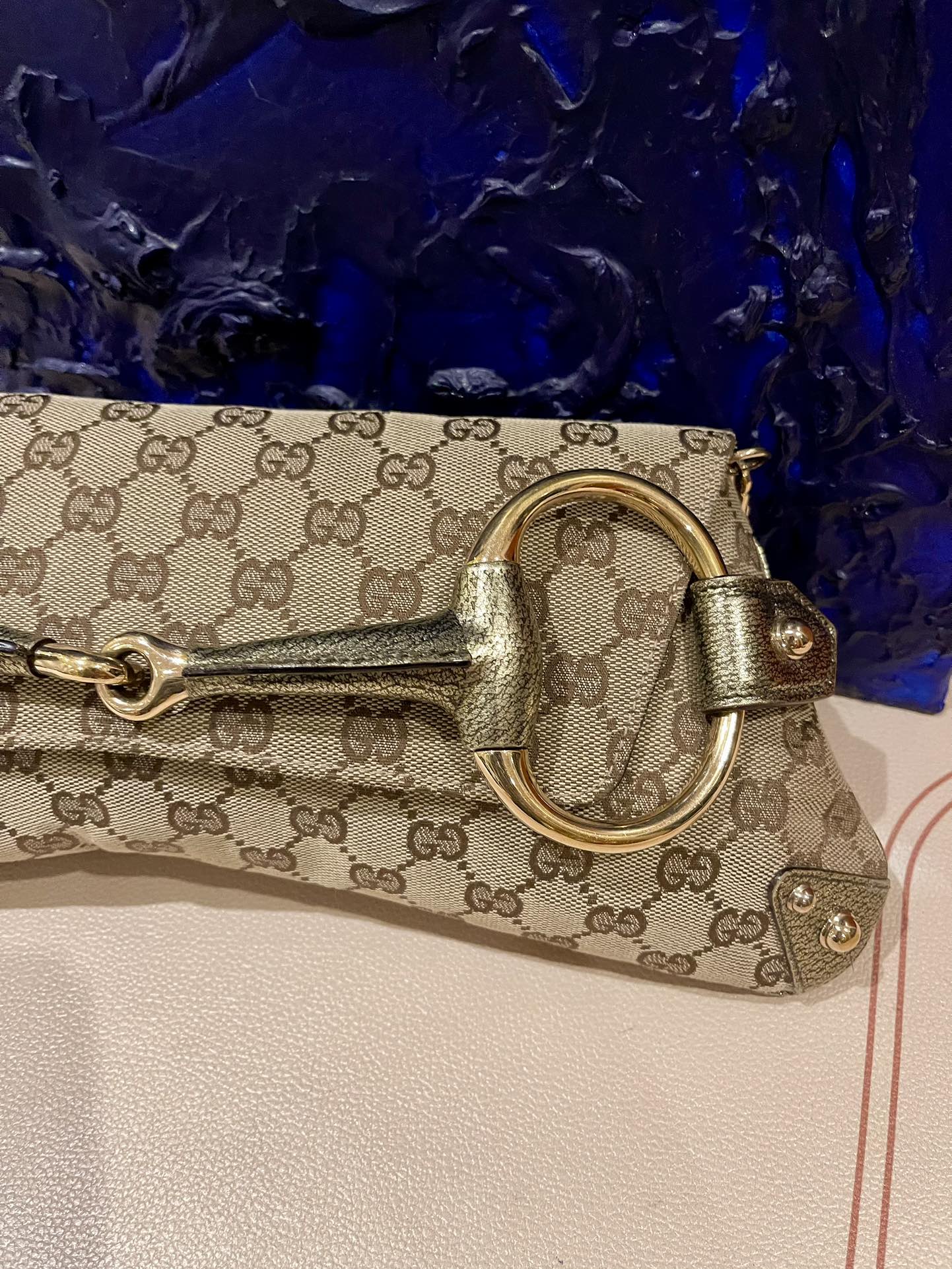 Gucci Horsebit Cloth Monogram Leather Beige Gold Shoulder Bag