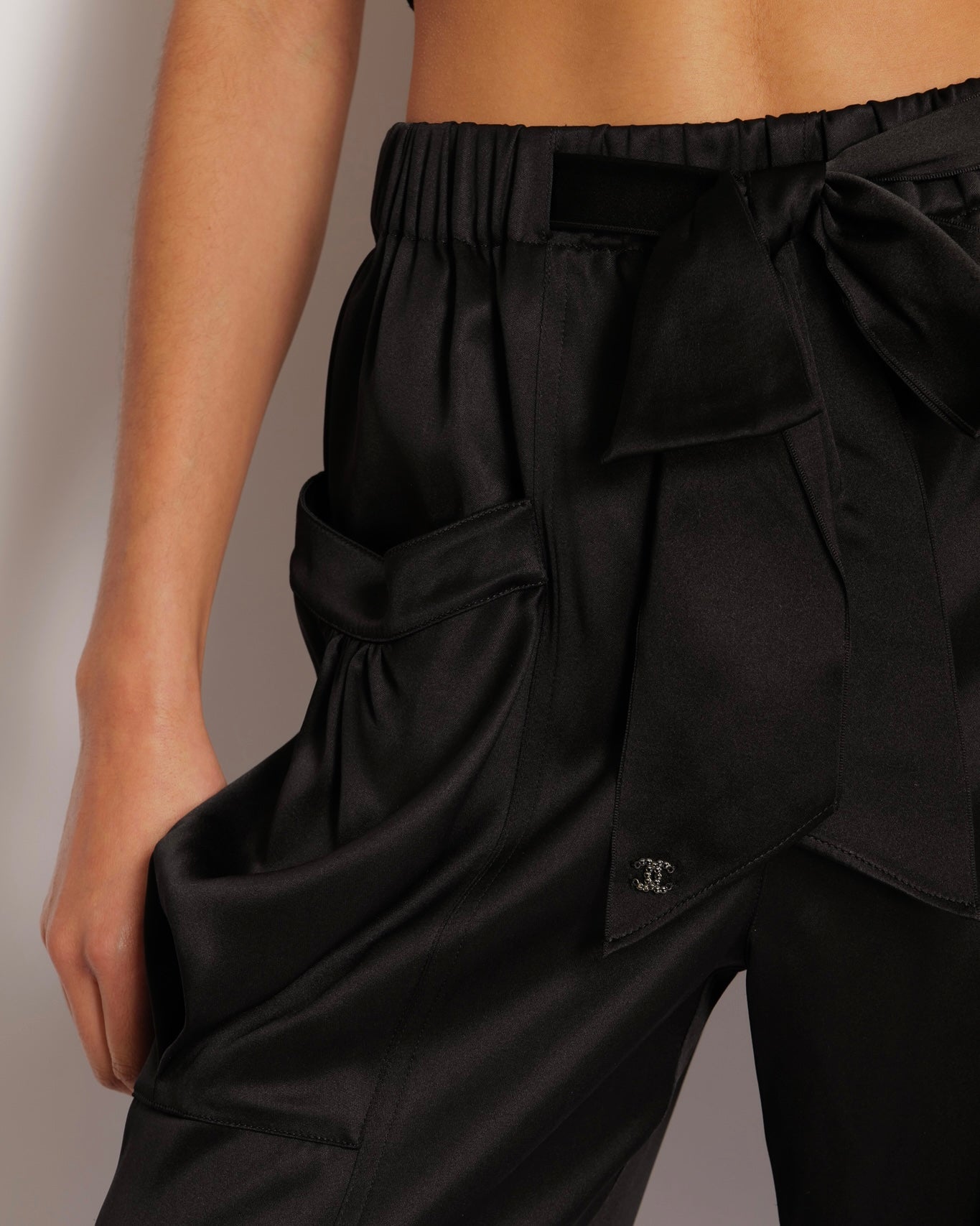 Chanel Black Silk Tro rs with Bow and Crystal CC Logo Detail Size FR 36 (UK 8)