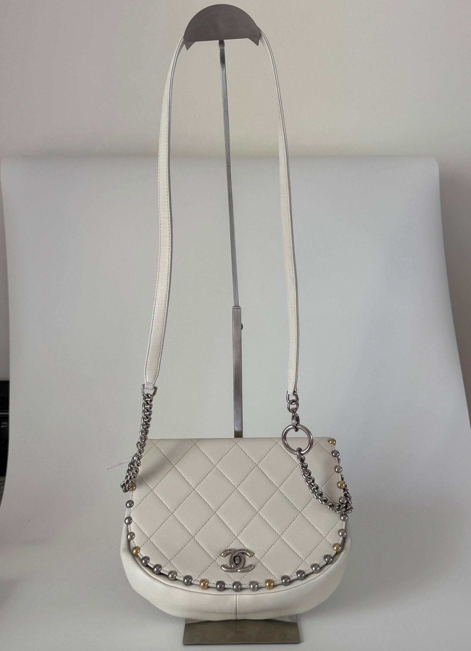 Chanel Calfskin Embellished Flap Saddle -19 White Leather Handbag