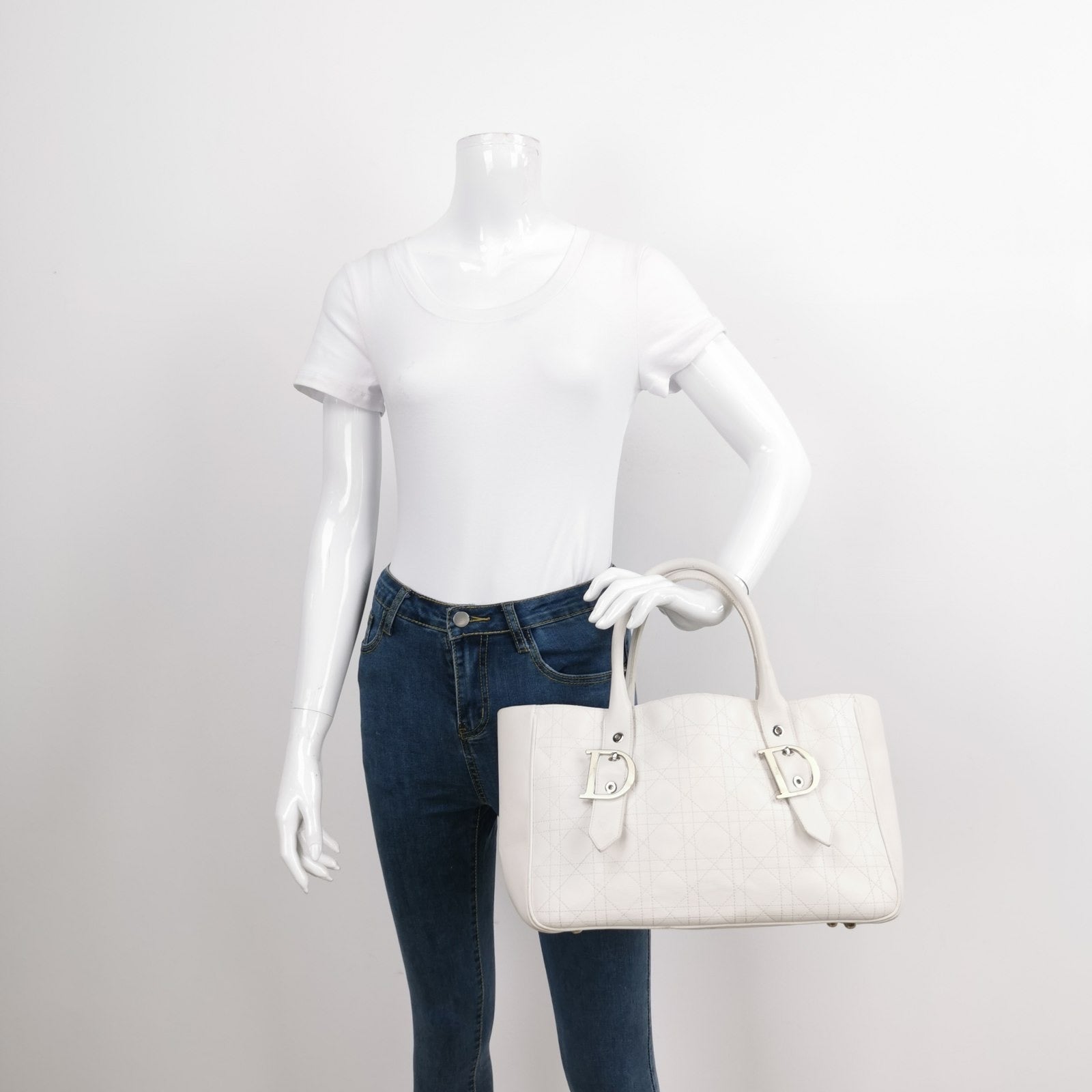 Dior Cannage Tote Bag With Hardware Leather White