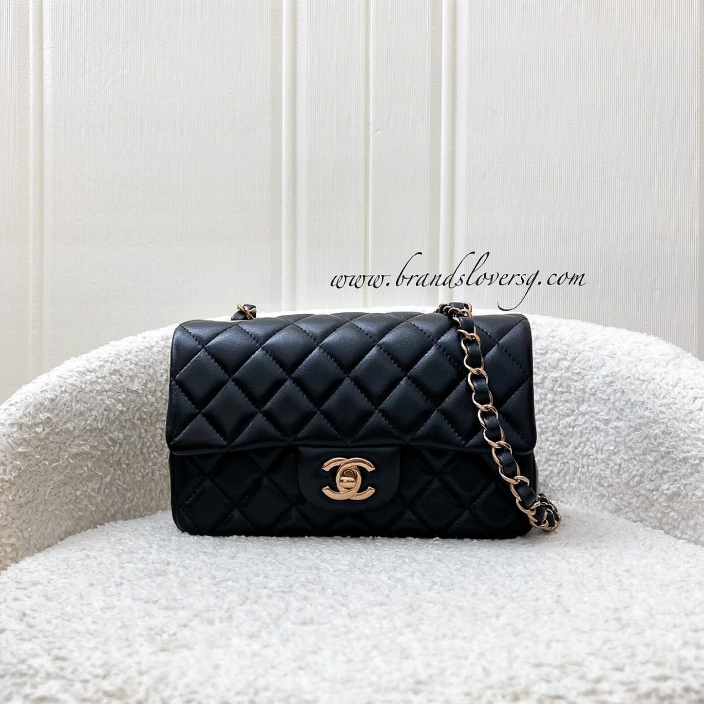Chanel Mini Rectangle Classic Flap in Black Lambskin and Rose Gold Hw Handbag