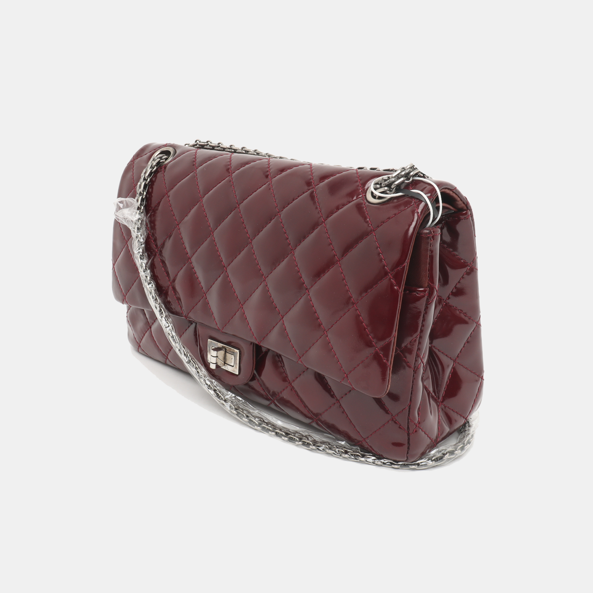 Chanel 2.55 Jumbo Double Flap Burgundy Patent Silver Leather Handbag