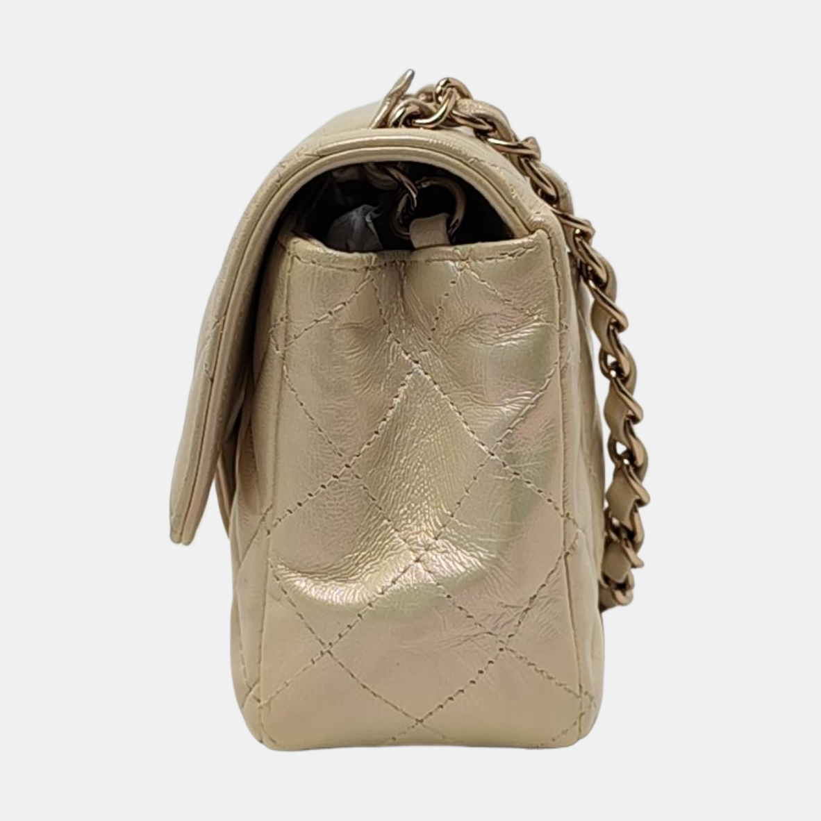 Chanel Classic Flap Rectangular Pearlescent Champagne Lambskin Gold Leather Mini Bag