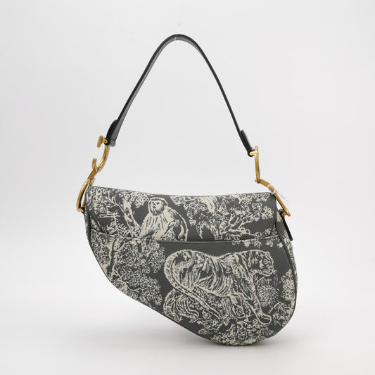 Dior Christian Saddle Grey Rain Forest Prints Tiger Canvas Medium Travel Bag