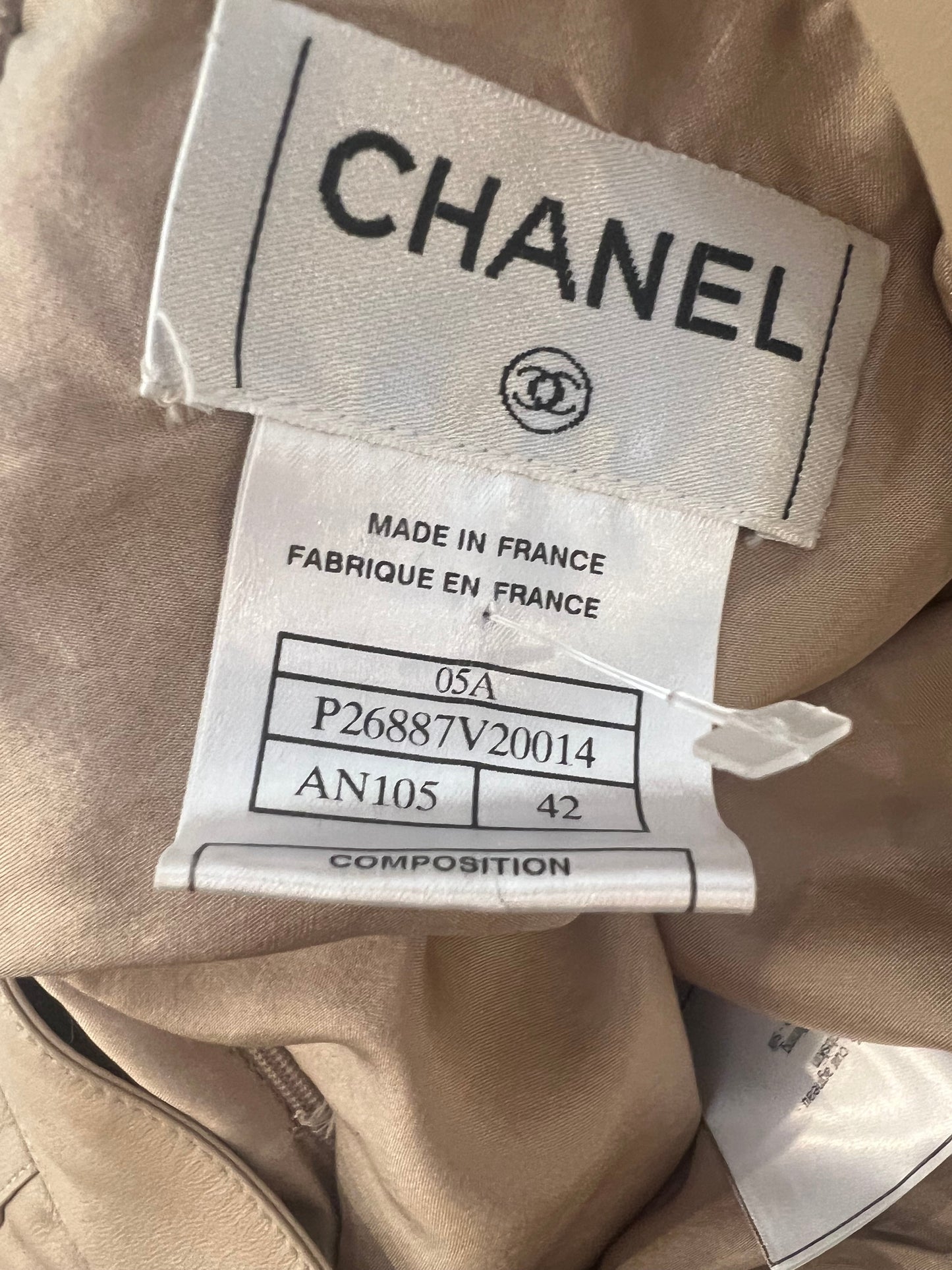 Chanel 05A Beige Leather Pleated Mini Skirt with Gold CC Logo Detail Size FR 42 (UK 14)