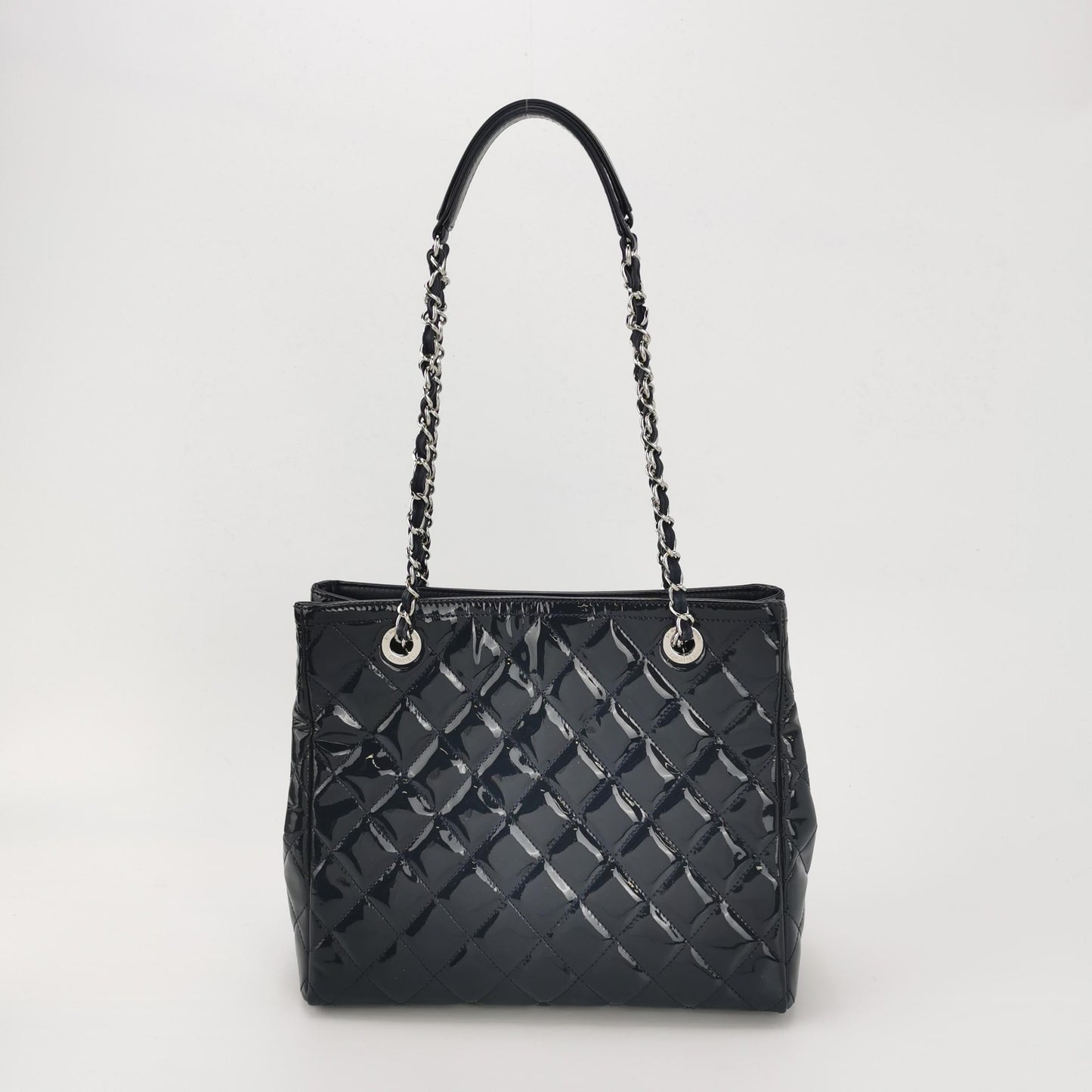 Chanel Coco Shine Quilted Patent Hardware -15 Black Silver Small Leather Tote Bag