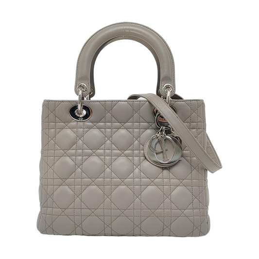 Dior Lady Grey Lambskin Hardware Strap Handbag Leather Silver Travel Bag