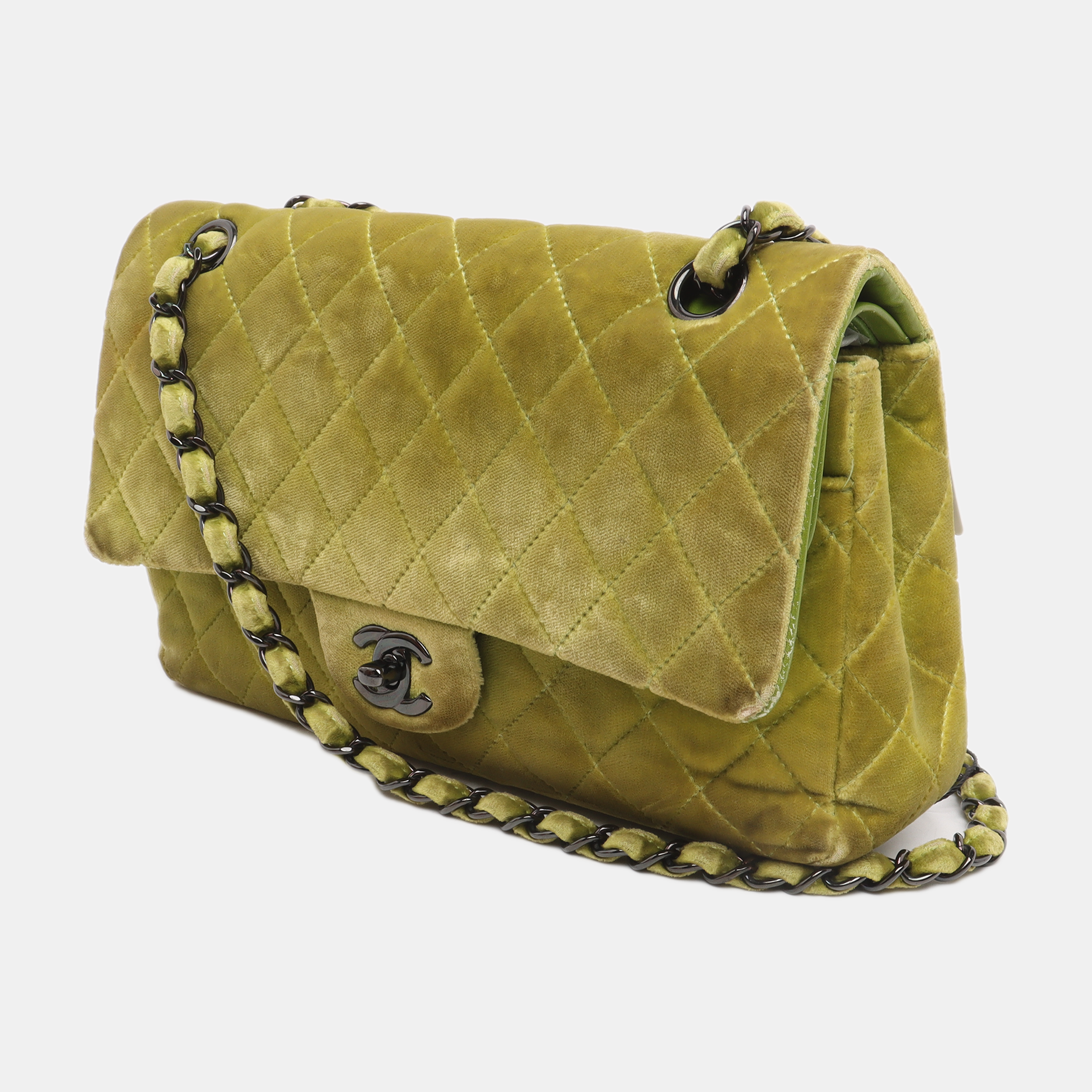 Chanel Classic Flap Velvet Hardware Black Green Handbag