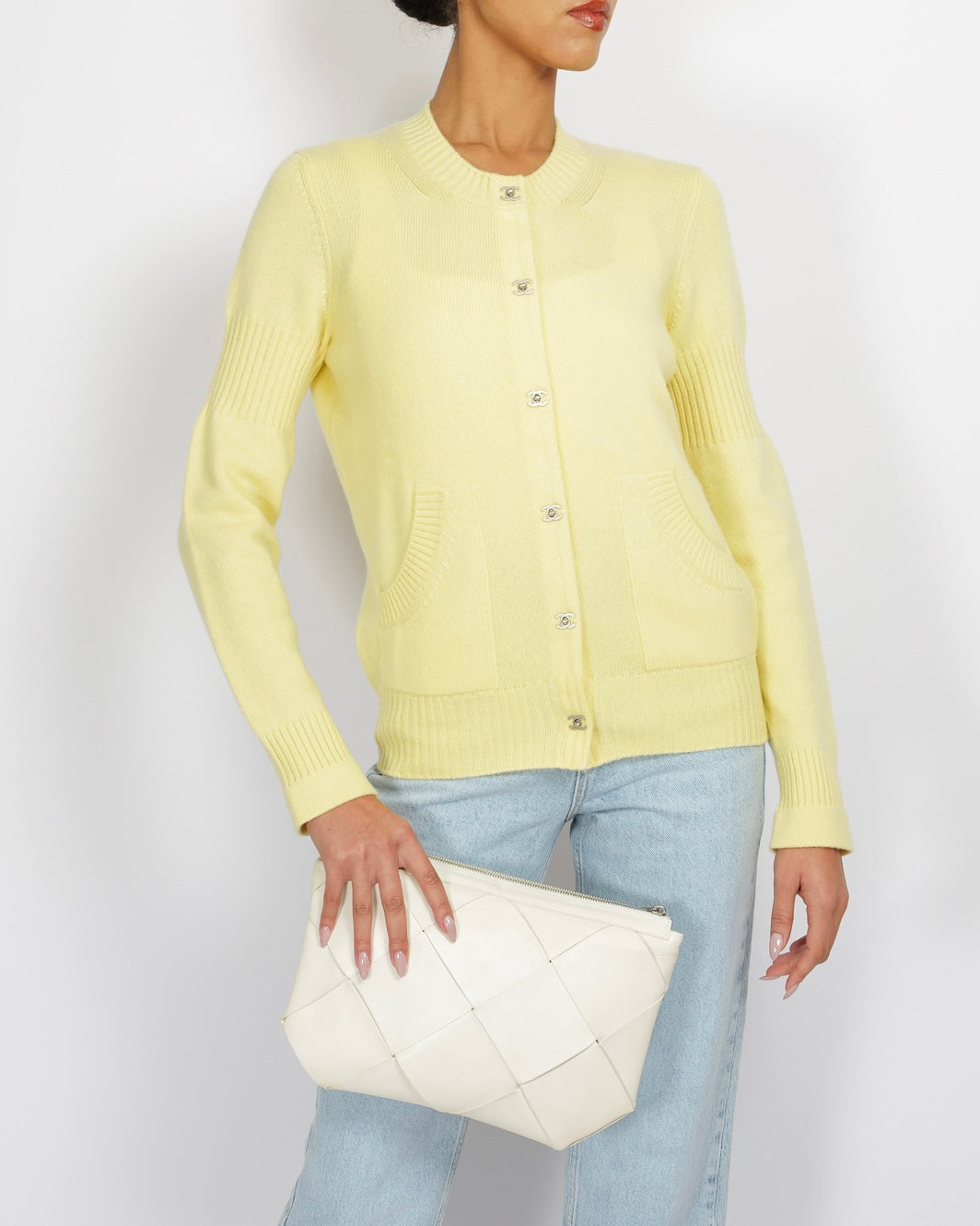 Chanel Yellow Cashmere Cardigan With Silver Cc Logo Buttons Size Fr 38 (Uk 10) Bag