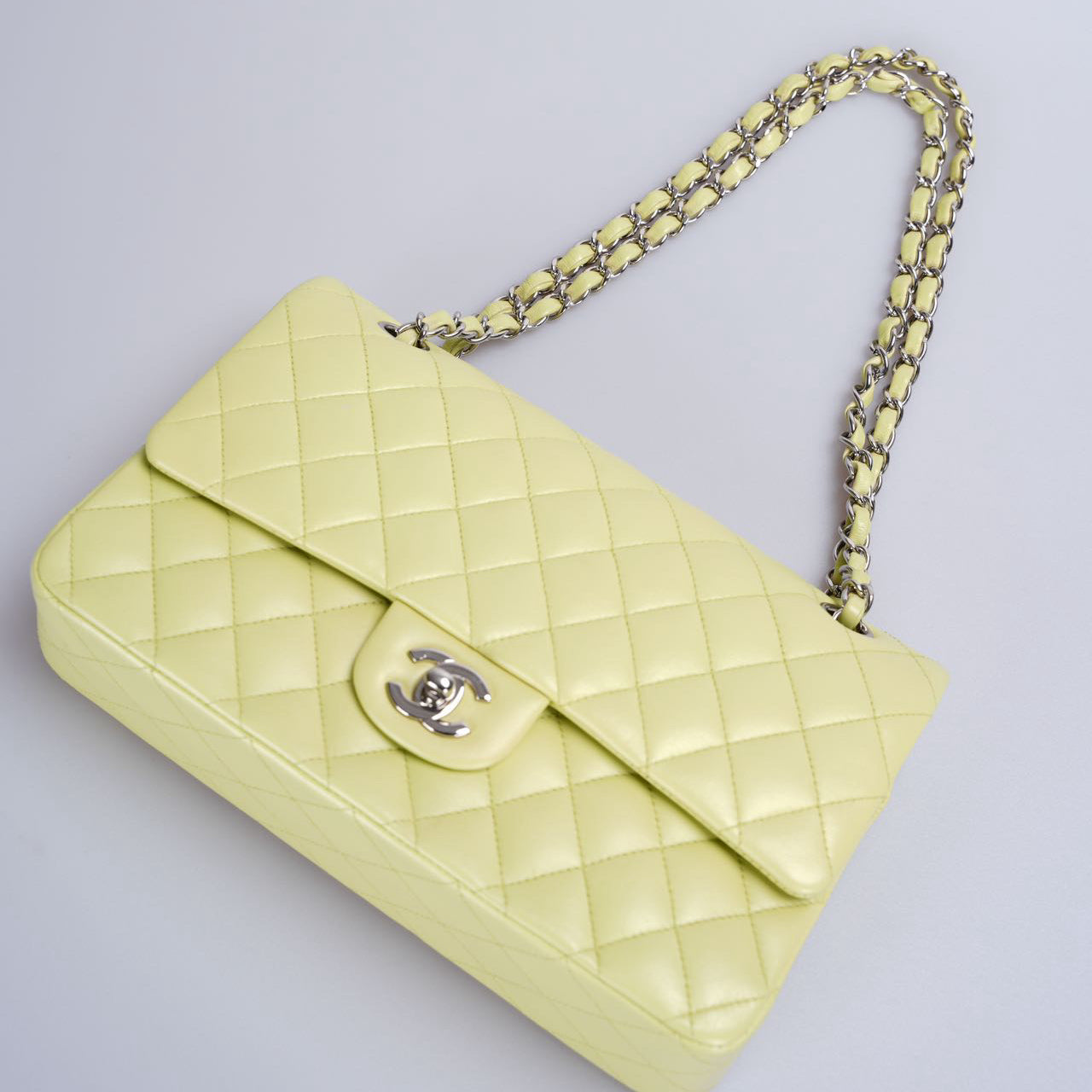 Chanel Medium Timeless Flap Bag In Pastel Butter Yellow Color With Silver Hardware