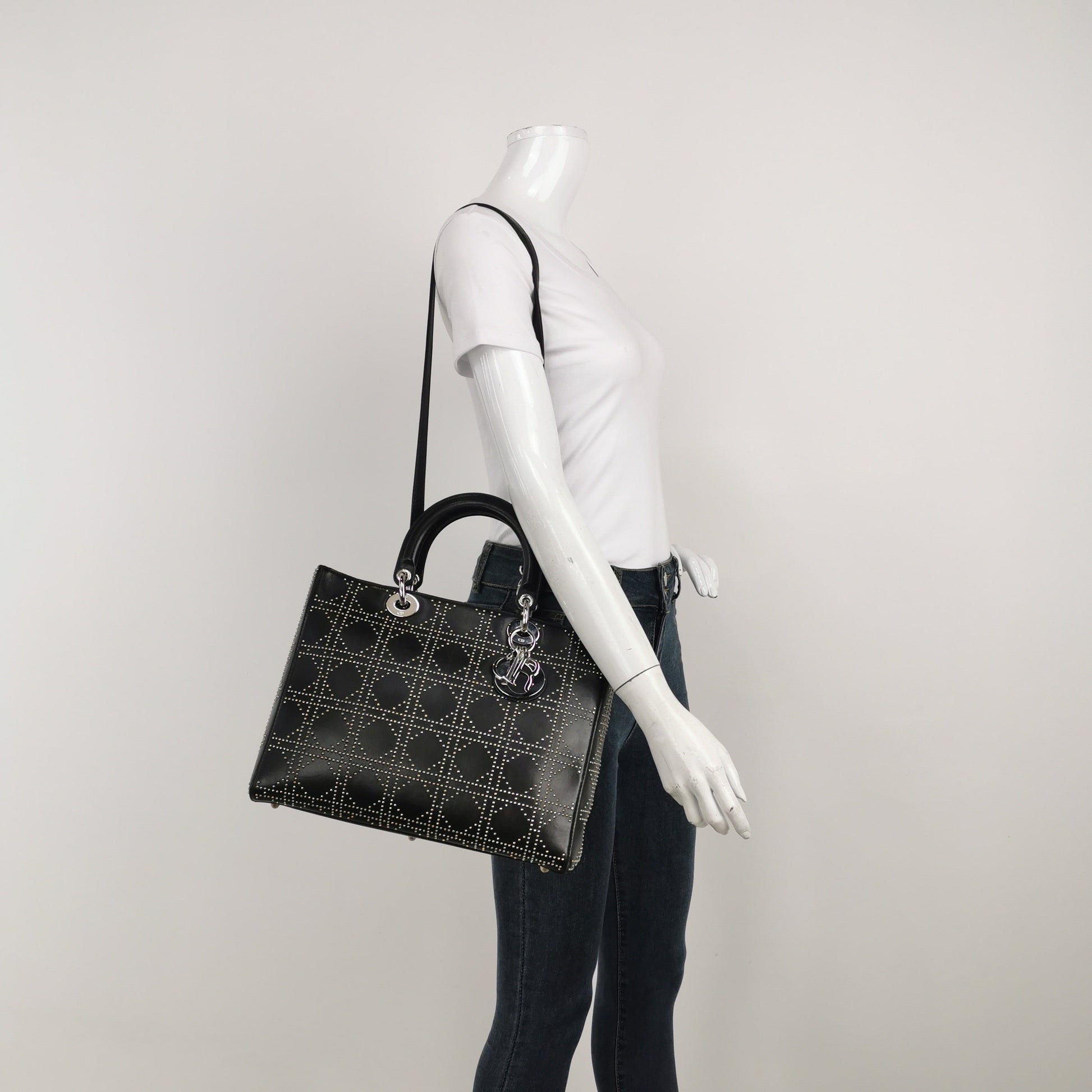 Dior Lady Lambskin Diamond Studs Hardware Handbag Black Silver Travel Bag