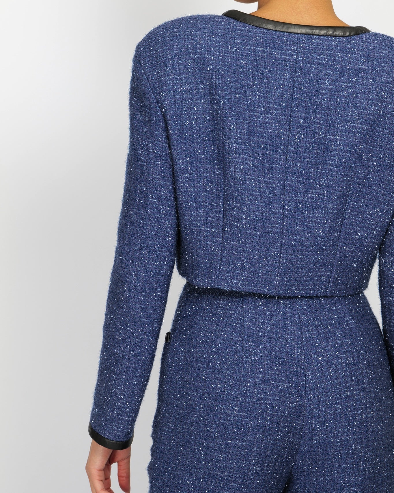 Chanel Cruise 2019 Blue Tweed Cropped Jacket and Tro rs Set with CC Logo Buttons and Black Leather Trims Size FR 36/38 (UK 8/10)
