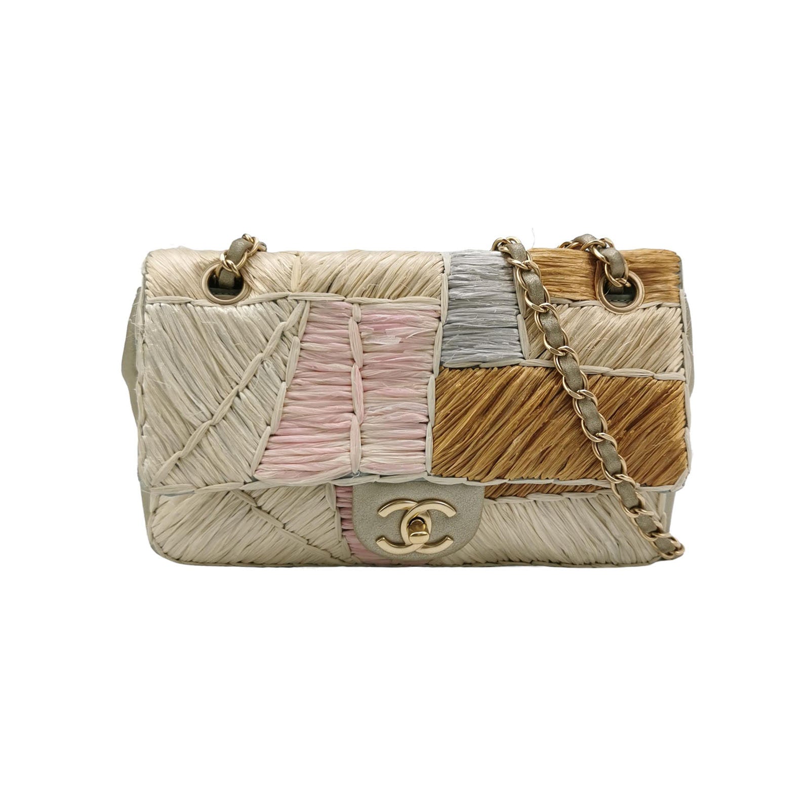 Chanel Timeless Classic Flap Rare Patchwork Raffia Multicolor Gold Handbag