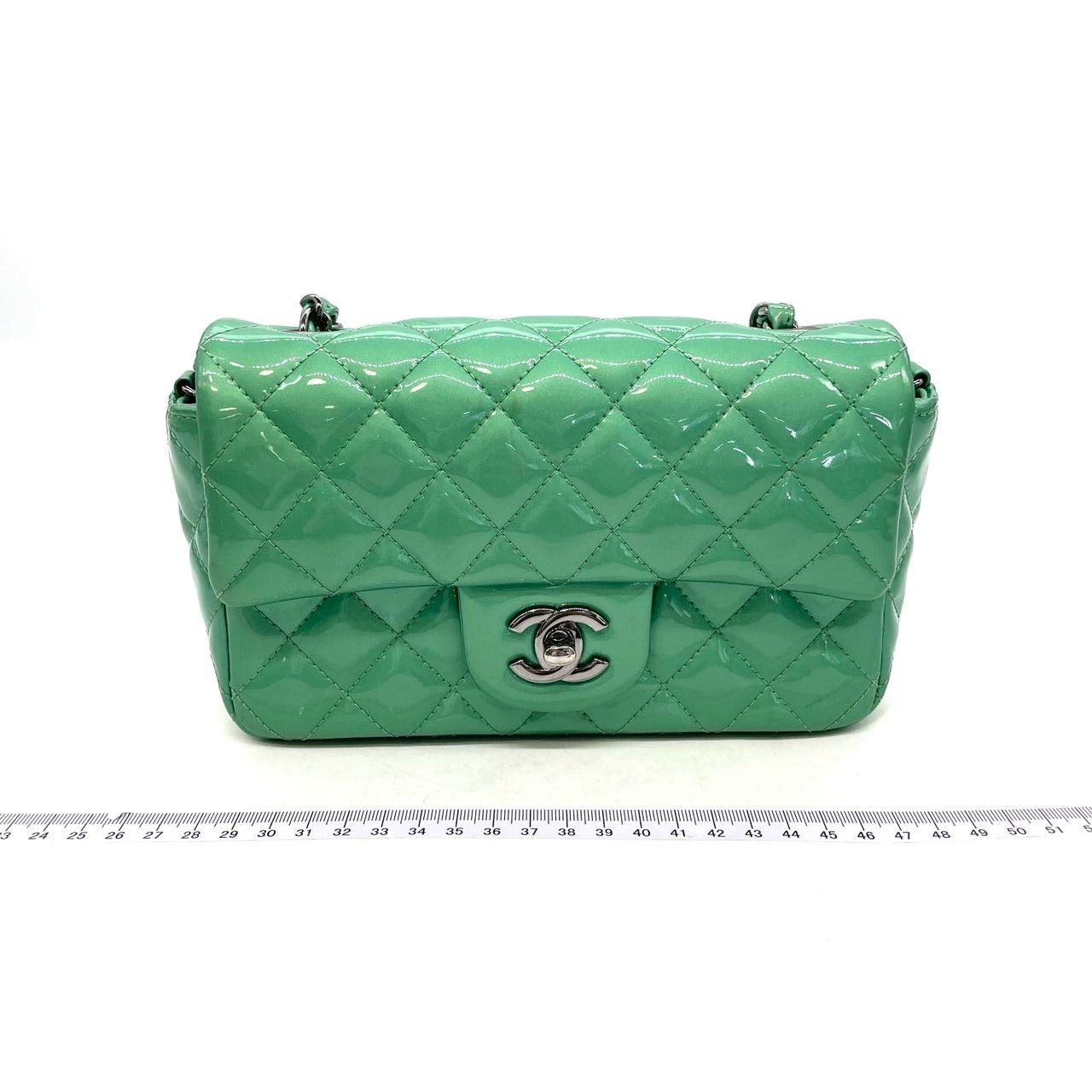 Chanel Classic Flap Rectangular Patent HW Green Silver Leather Mini Bag