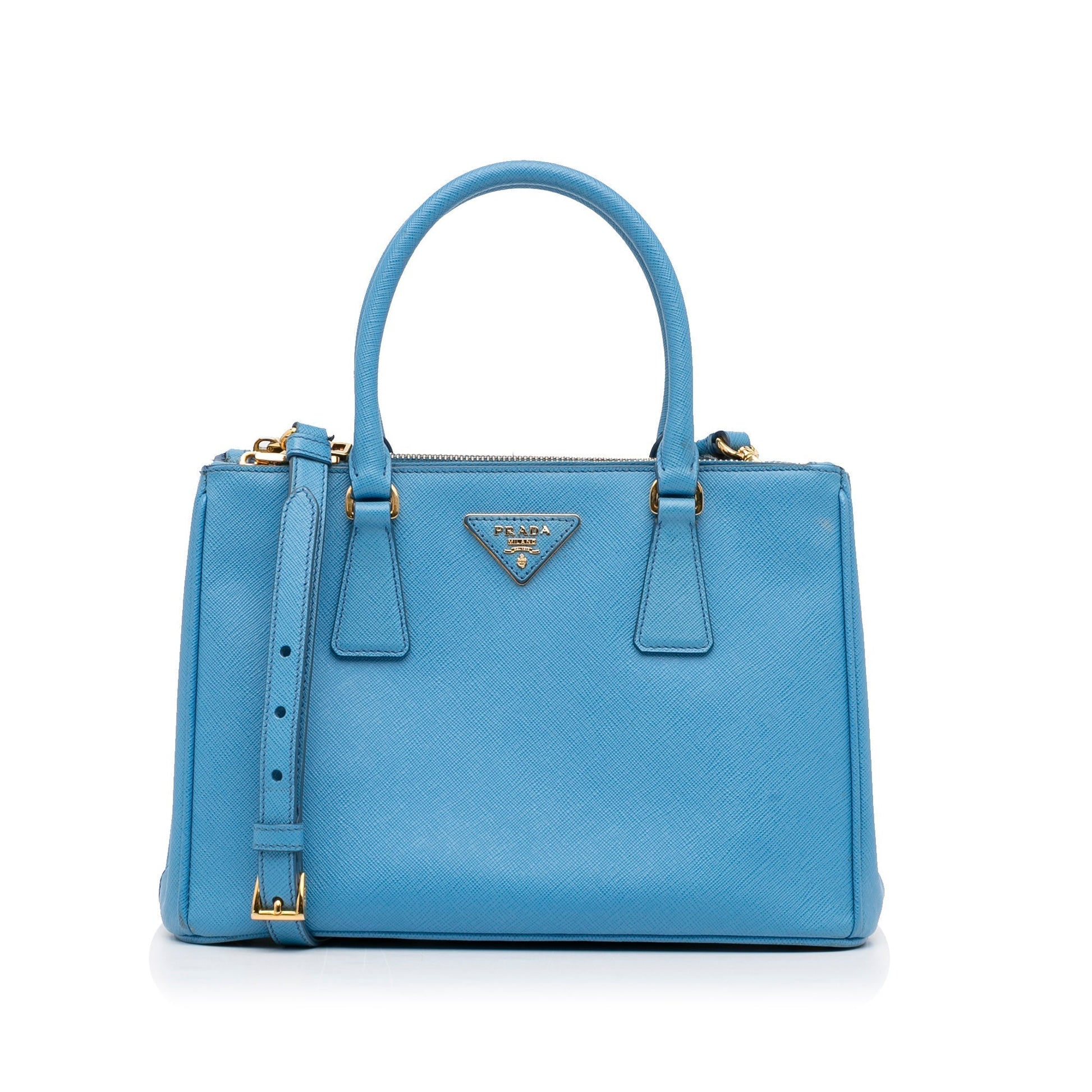 Prada Double Galleria Luxury Handbag Saffiano Blue Medium Travel Bag