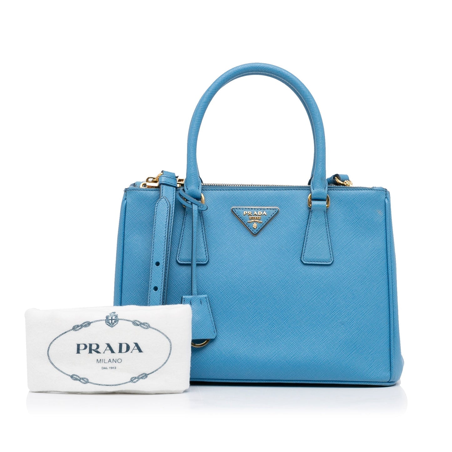Prada Double Galleria Luxury Handbag Saffiano Blue Medium Travel Bag