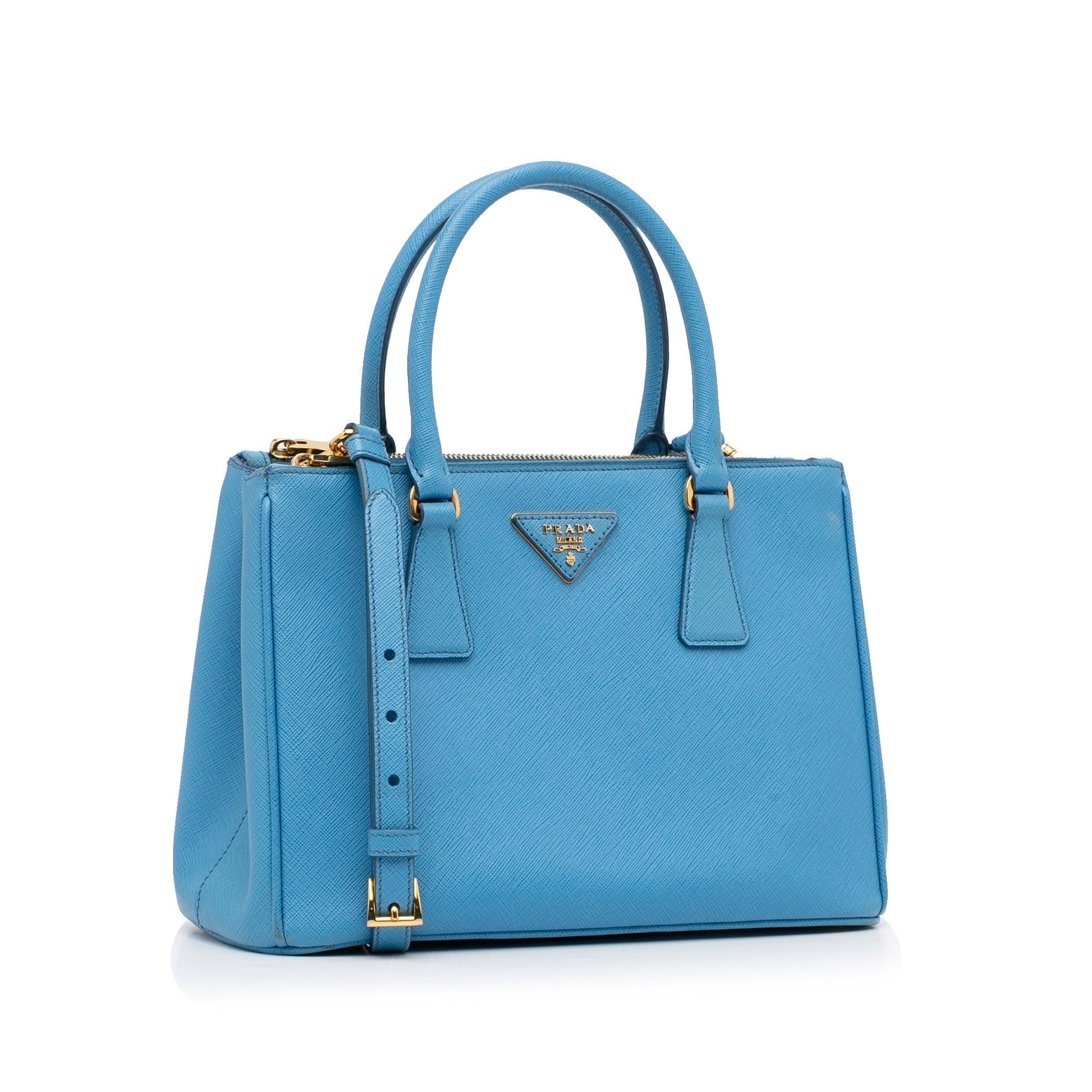 Prada Double Galleria Luxury Handbag Saffiano Blue Medium Travel Bag
