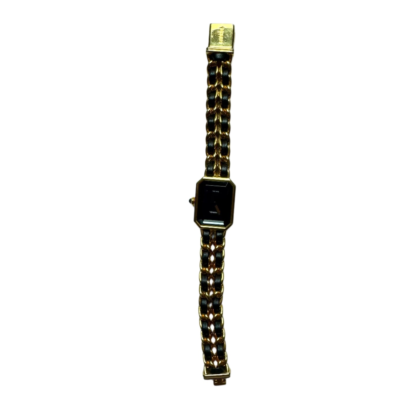 CHANEL 1987   PREMIERE Watch Black Leather and 24KT Yellow Gold Plated L Size