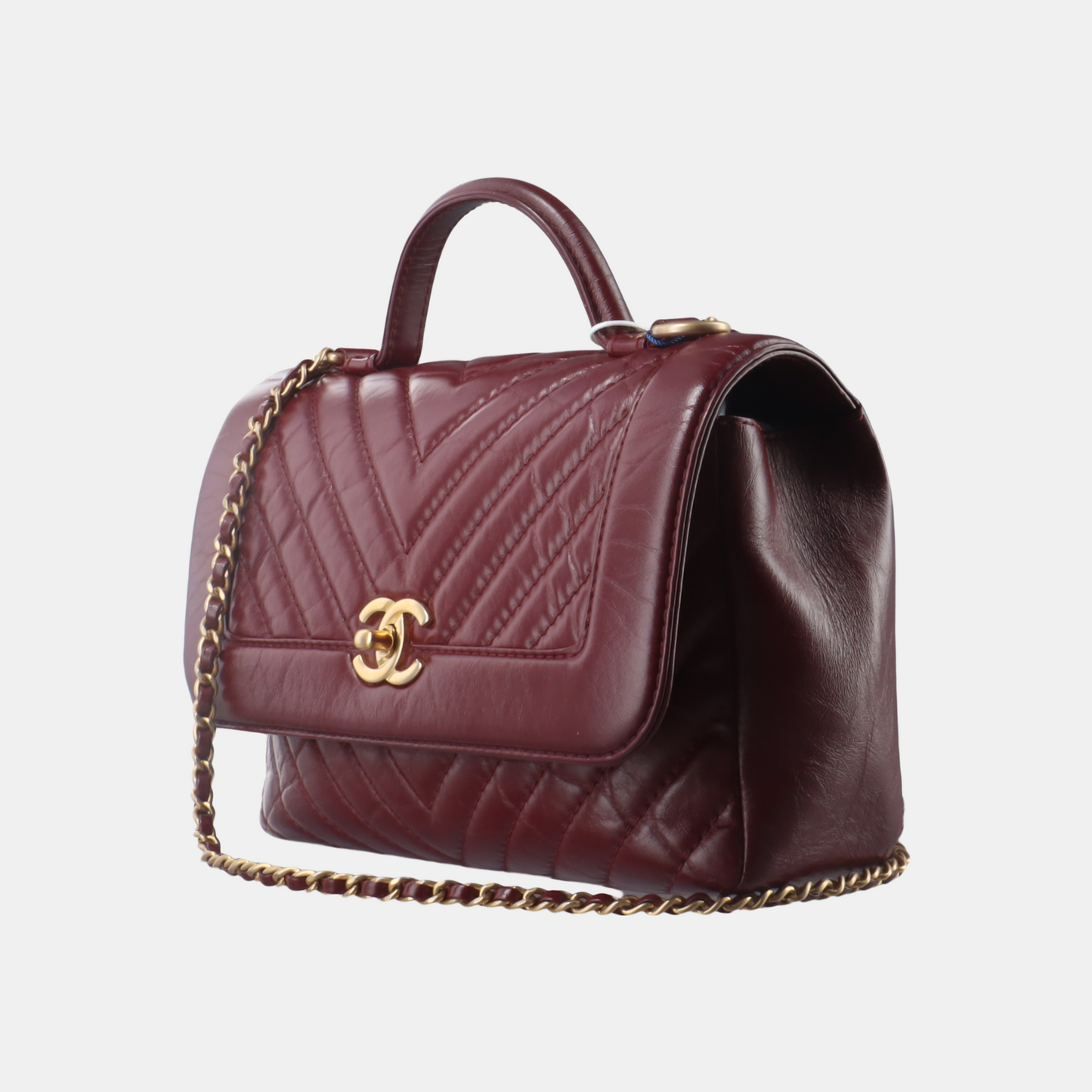 Chanel Top Handle Chevron Flap Burgundy Calfskin Leather Shoulder Bag
