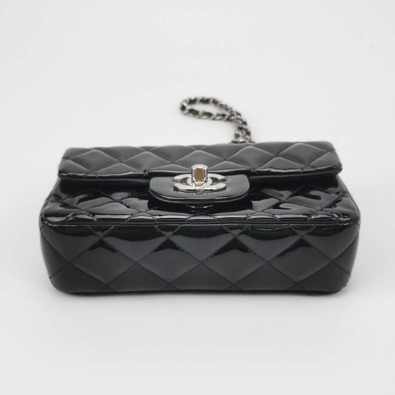 Chanel Classic Flap Rectangular Super Patent Hardware Black Silver Leather Mini Bag