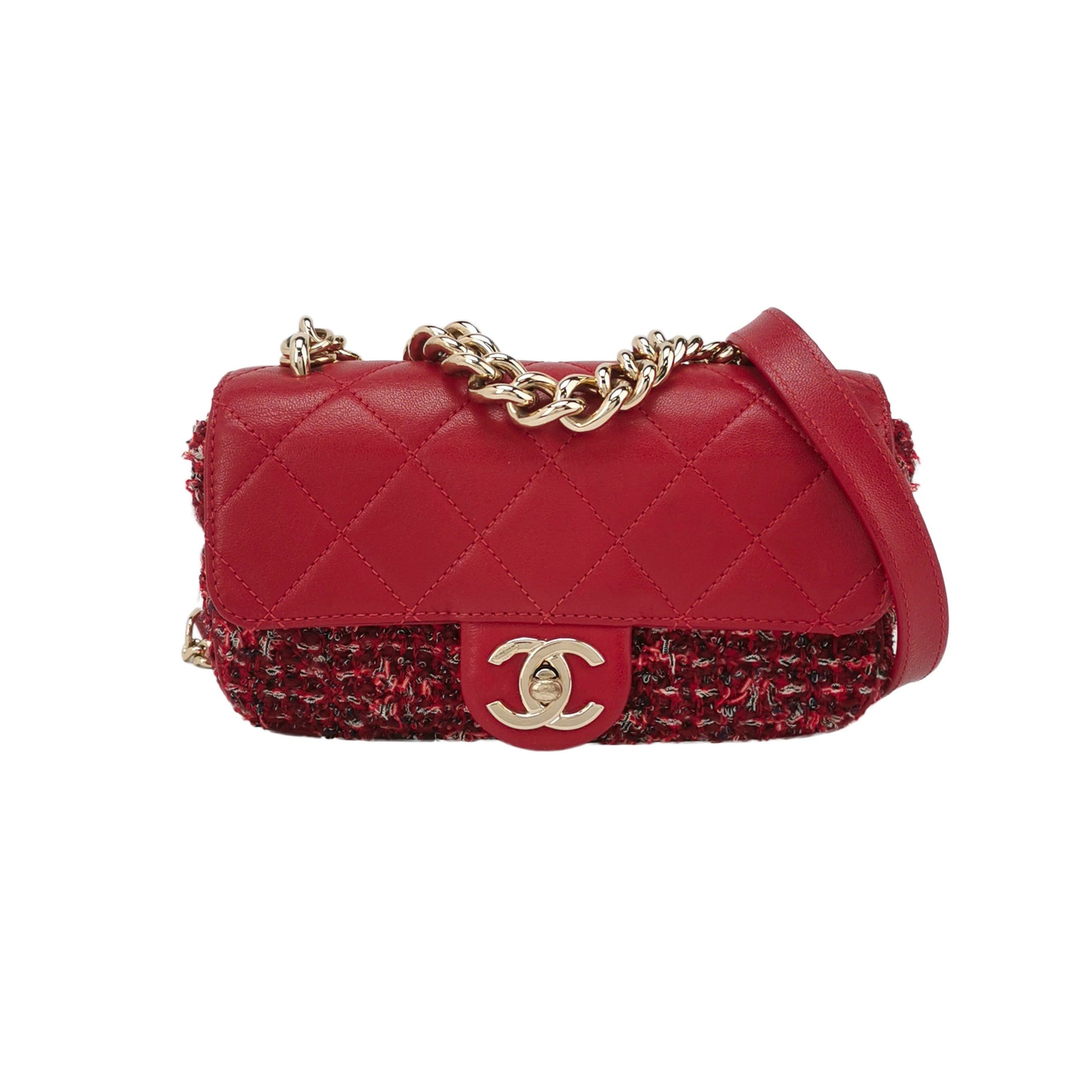 Chanel CC Matelasse Tweed Flap Hardware Red Gold Leather Mini Bag