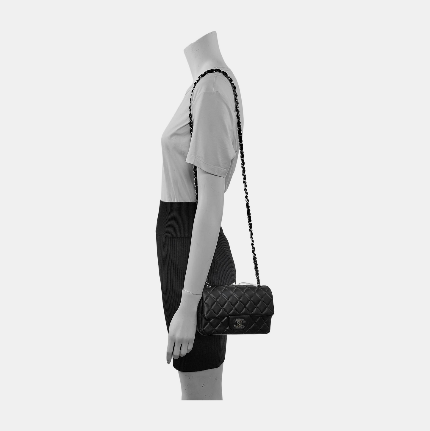 Chanel Classic Flap Rectangular Lambskin Hardware Black Silver Leather Mini Bag