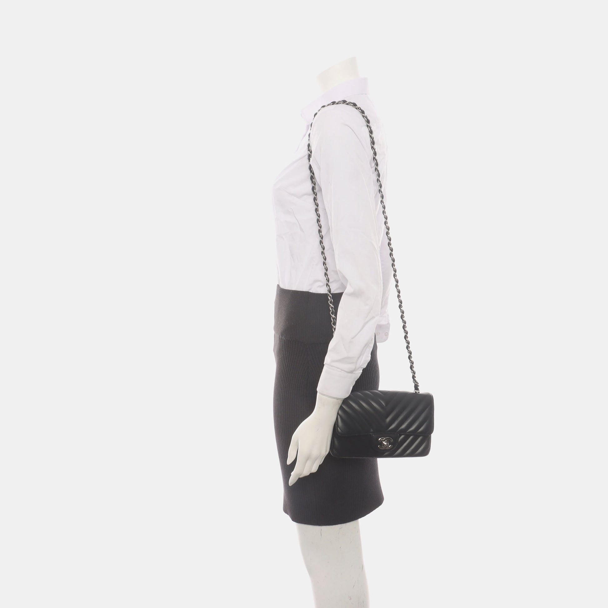 Chanel Classic Flap Chevron Quilted Lambskin Hardware Black Silver Mini Bag