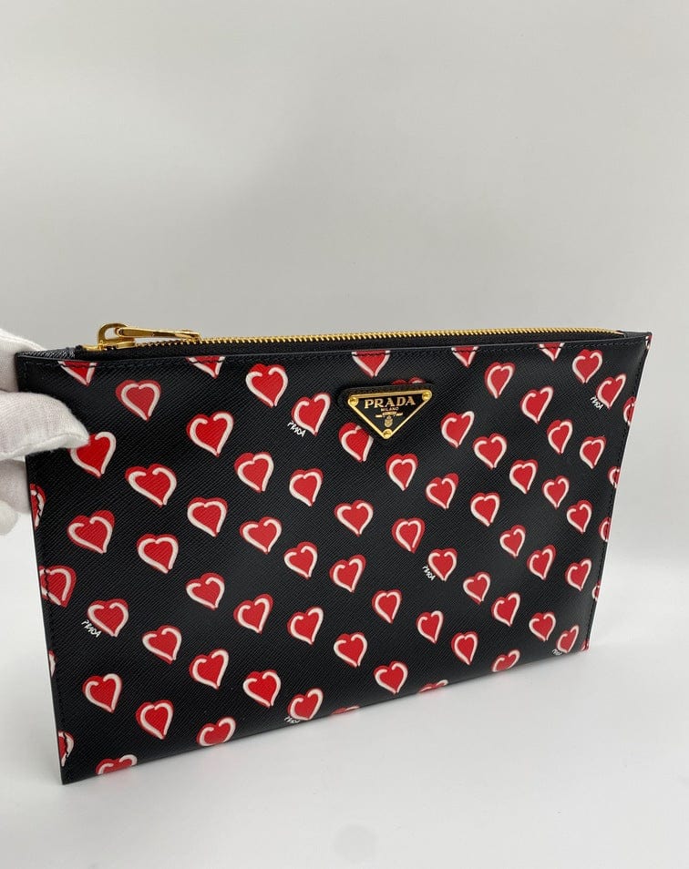 Prada Heart Print Clutch Bag Leather Saffiano