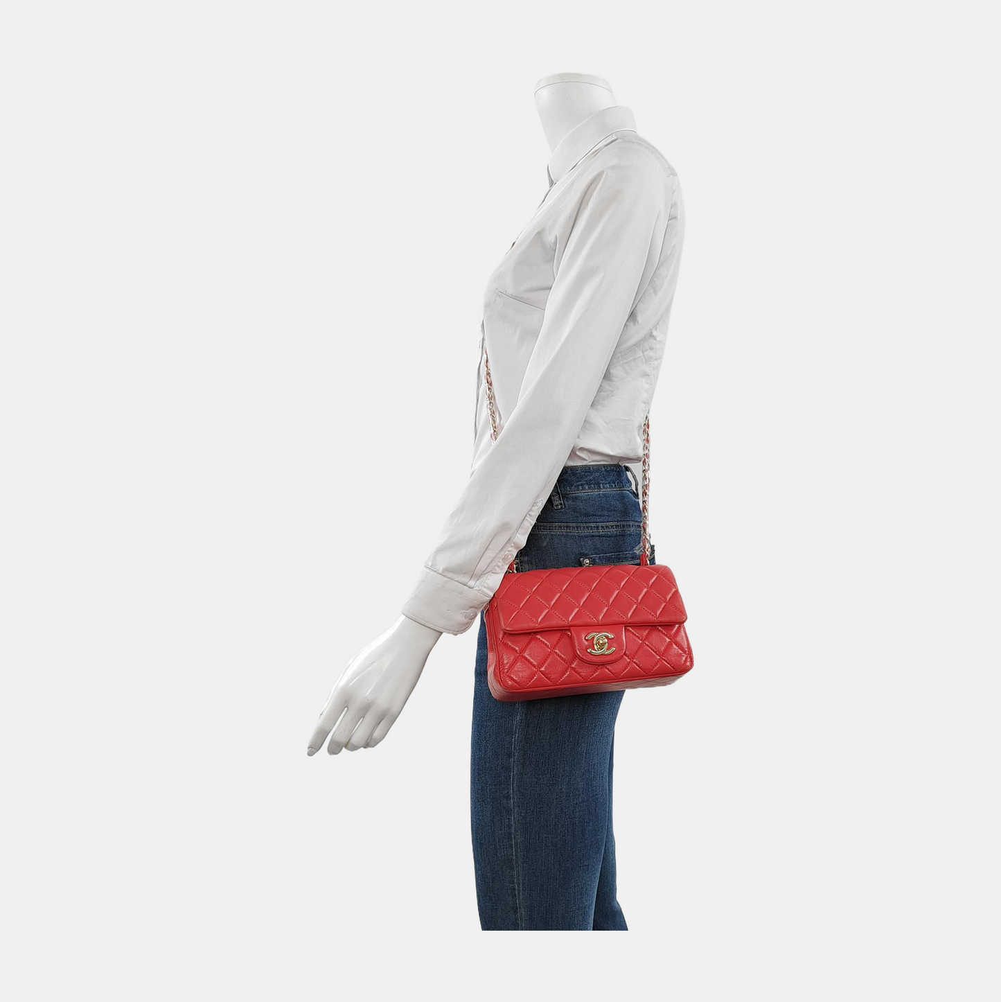 Chanel Classic Flap Rectangular Lambskin -tone Hardware Red Gold Leather Mini Bag