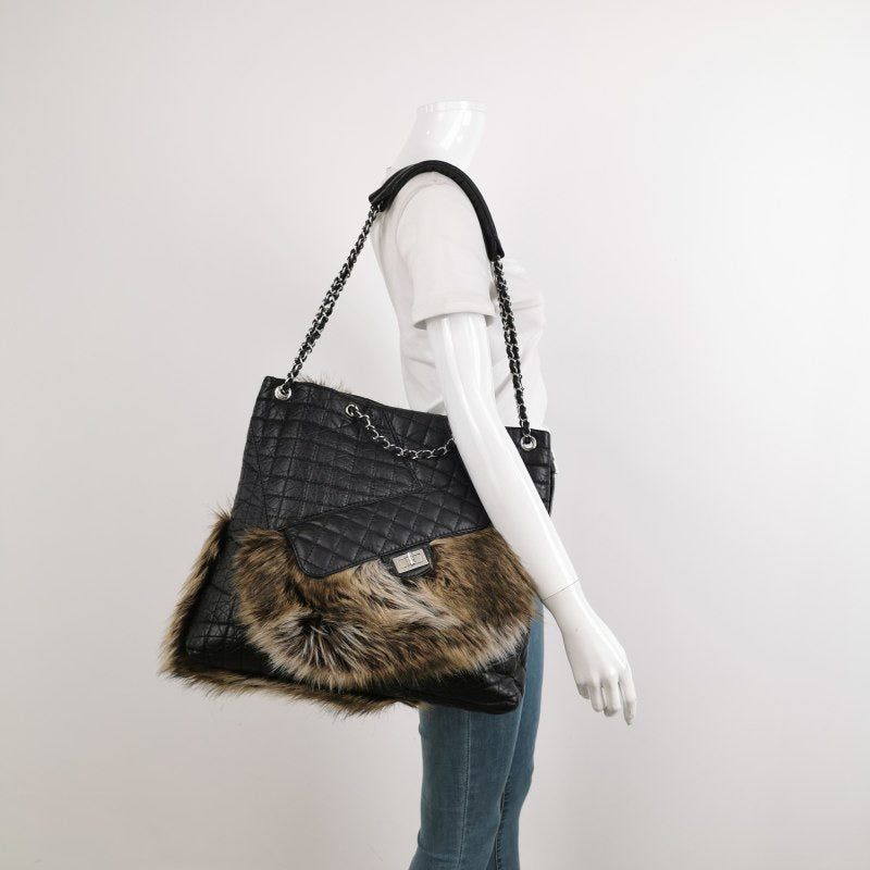 Chanel Calfskin Fur Mademoiselle 2way Black Lock Tote Bag