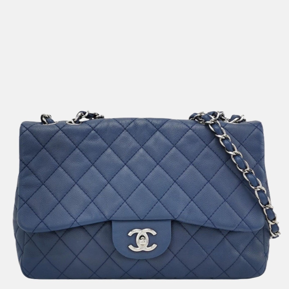 Chanel Classic Flap Navy Caviar -tone Hardware Blue Silver Leather Handbag