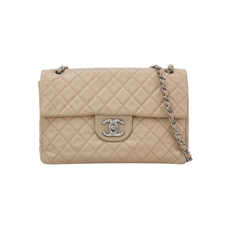 Chanel Classic Flap Maxi Lambskin Giant Siver-tone Beige Leather Handbag