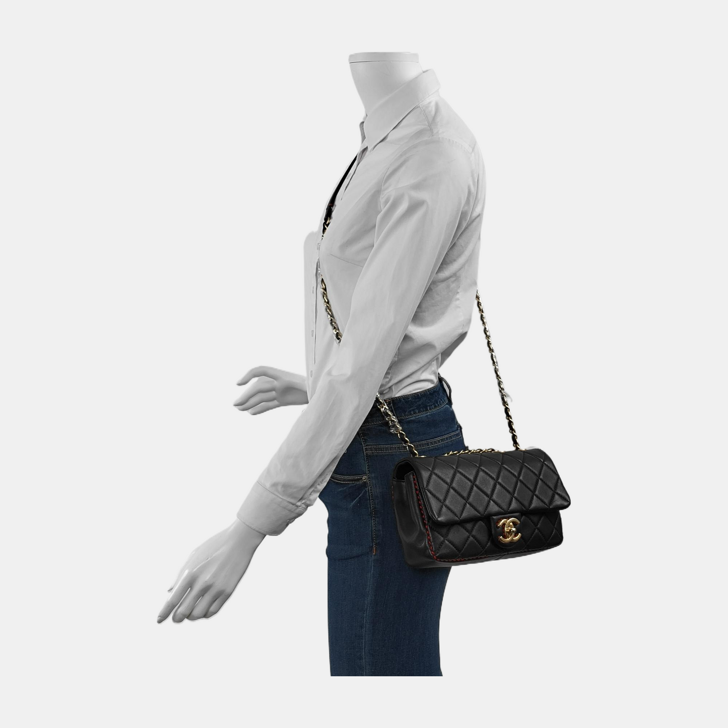 Chanel Lambskin Stitching Single Flap Double Black Red Handbag