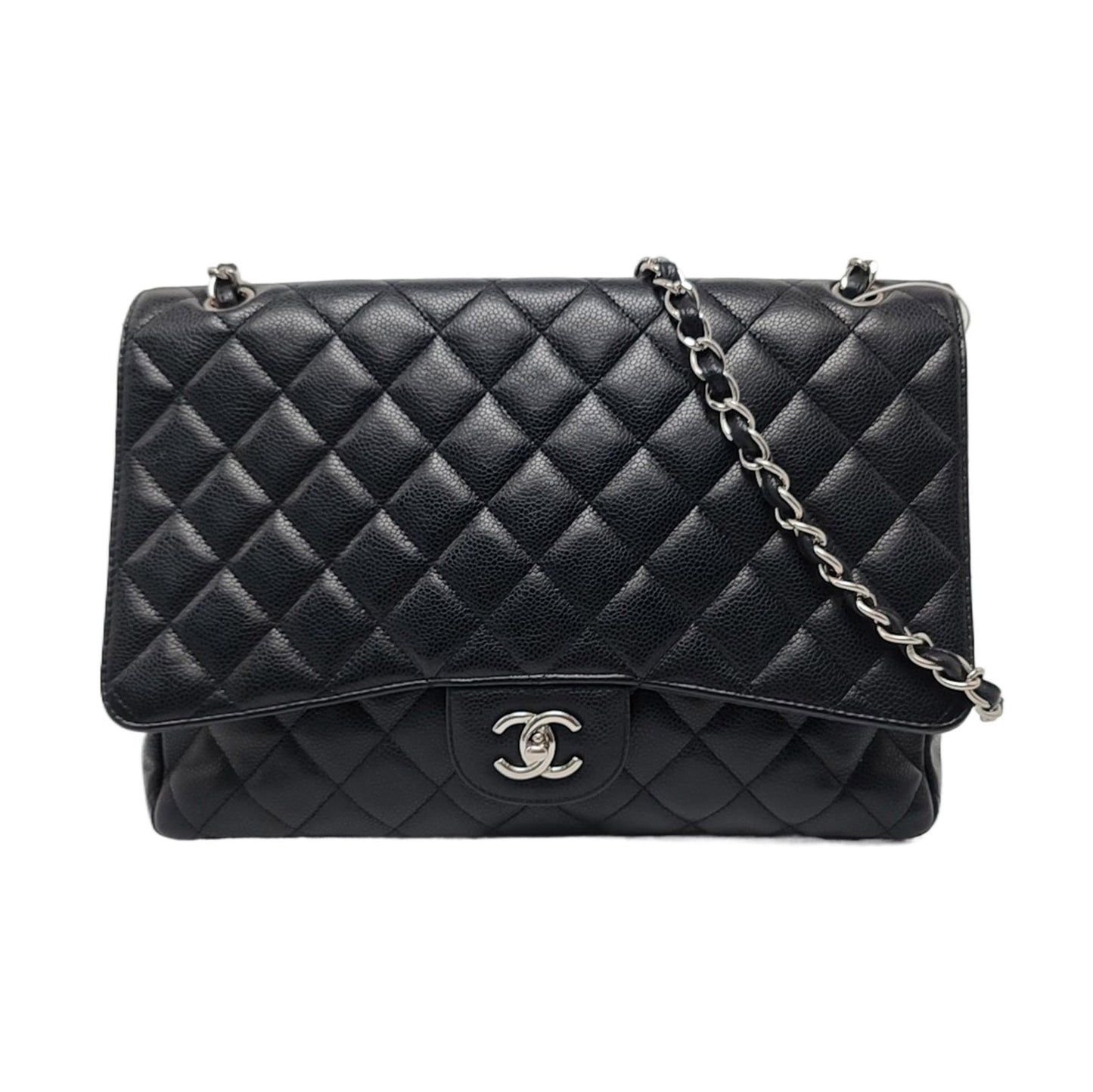 Chanel Classic Flap Maxi Caviar Single Flap Black Silver Leather Handbag Hardware 1