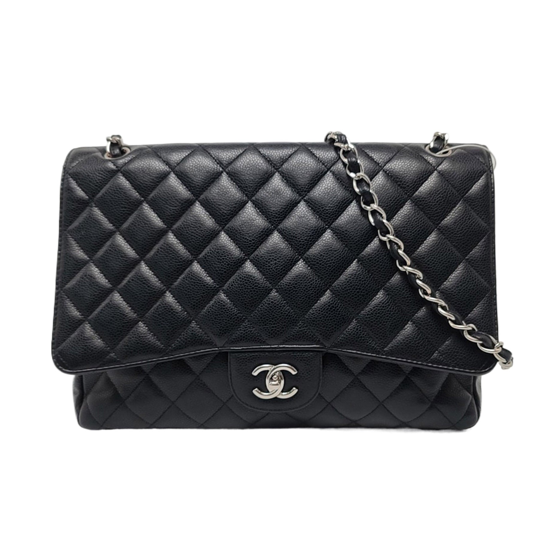 Chanel Classic Flap Maxi Caviar Single Flap Black Silver Leather Handbag Hardware 1