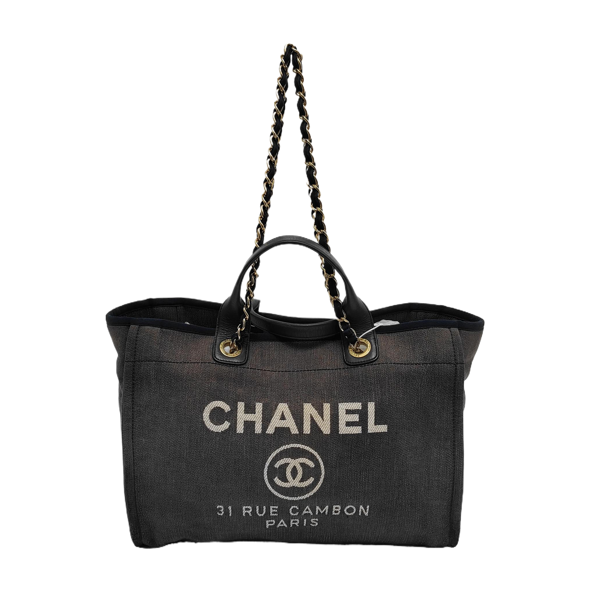 Chanel Deauville Navy Denim Top Handle Straps Leather Tote Bag