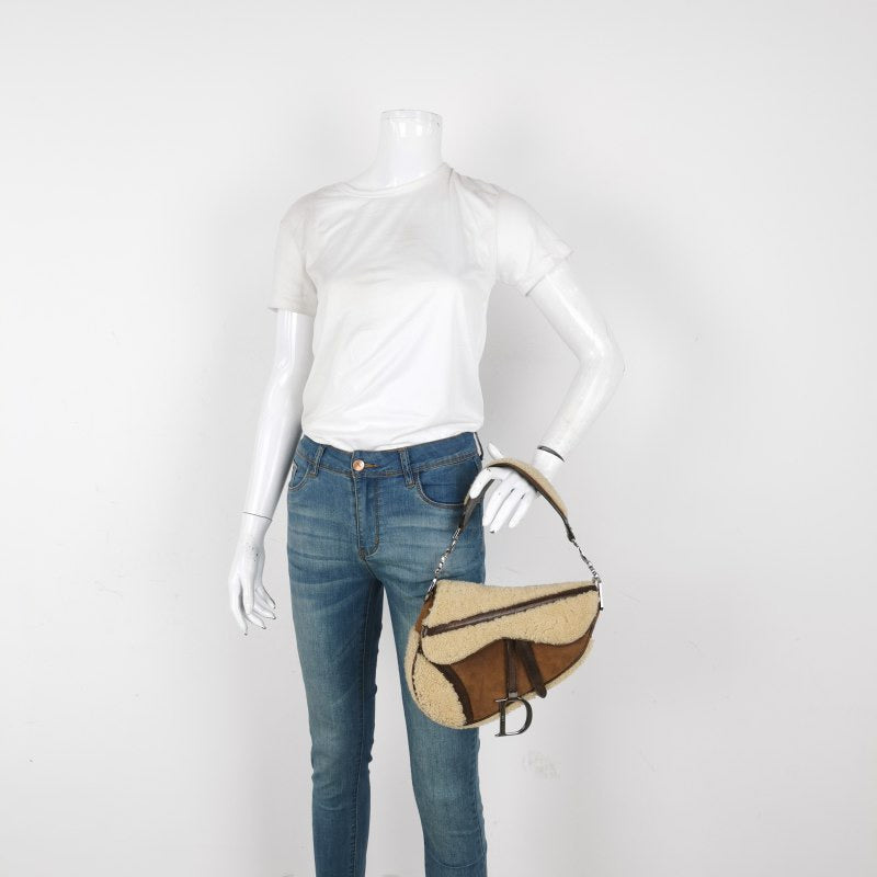 Dior Saddle Shoulder Bag Shearling And While Brown