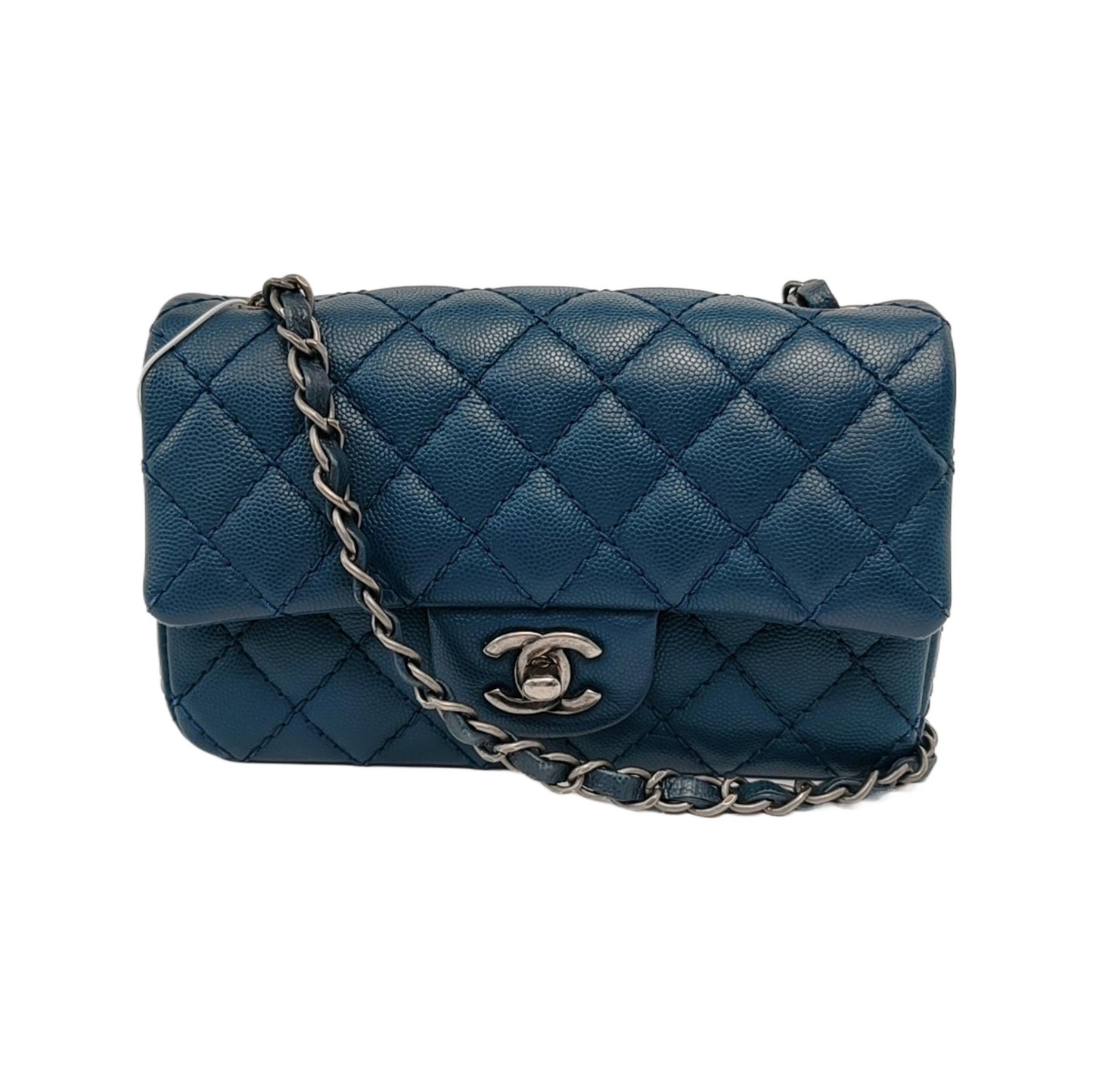 Chanel Classic Flap Rectangular Navy Caviar Hardware Black Silver Leather Mini Bag